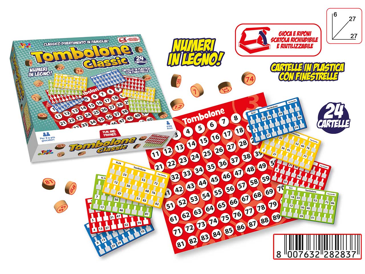 Tombola con 24 cartelle automatiche con numeri in legno