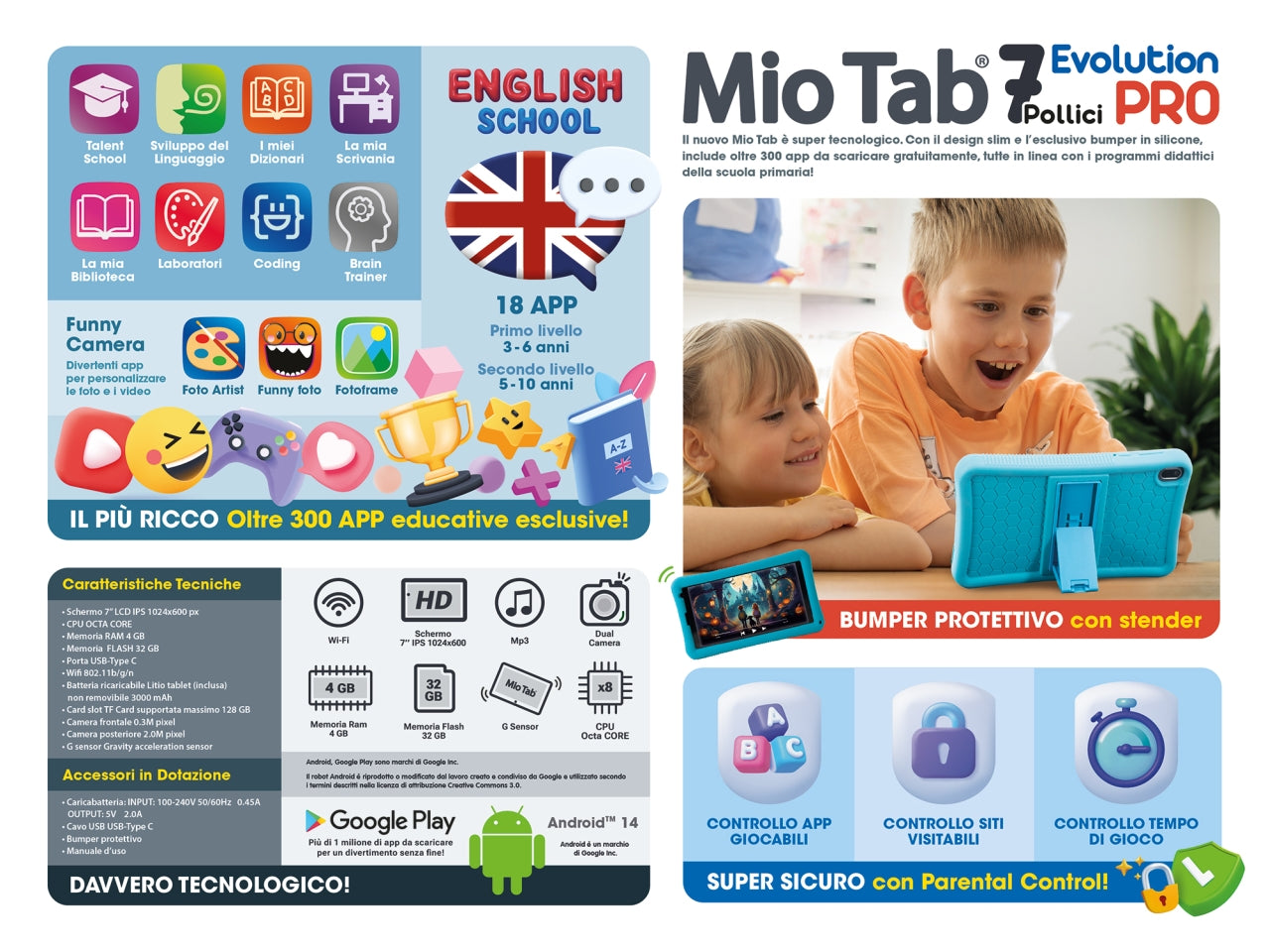 Tablet Educativo Hi-Tech Mio Tab Pro 7 - Multicolor, per Bambini 5-12 Anni, Lisciani
