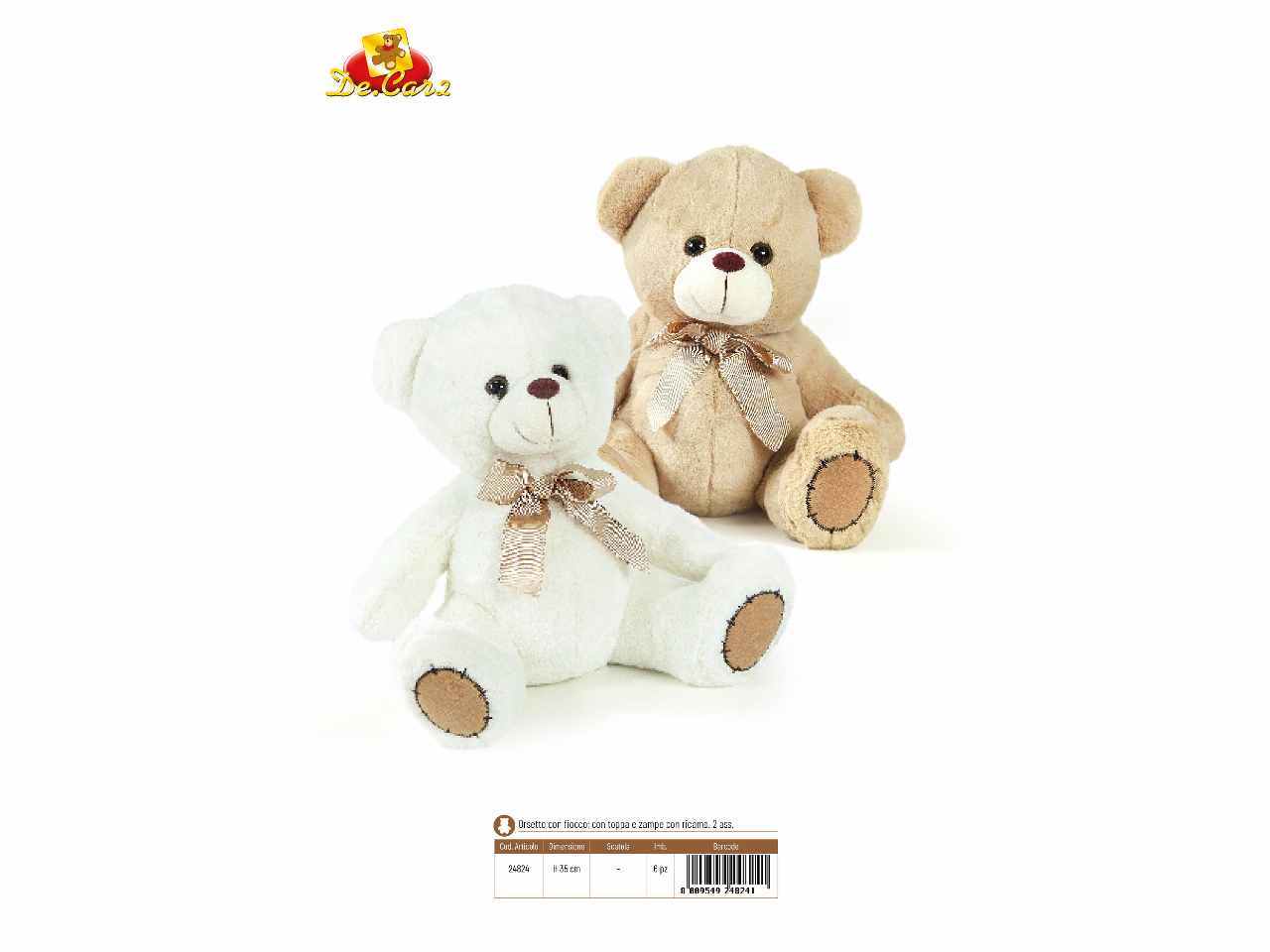 Orso seduto 35cm con toppa su zampa e fiocco in due colori