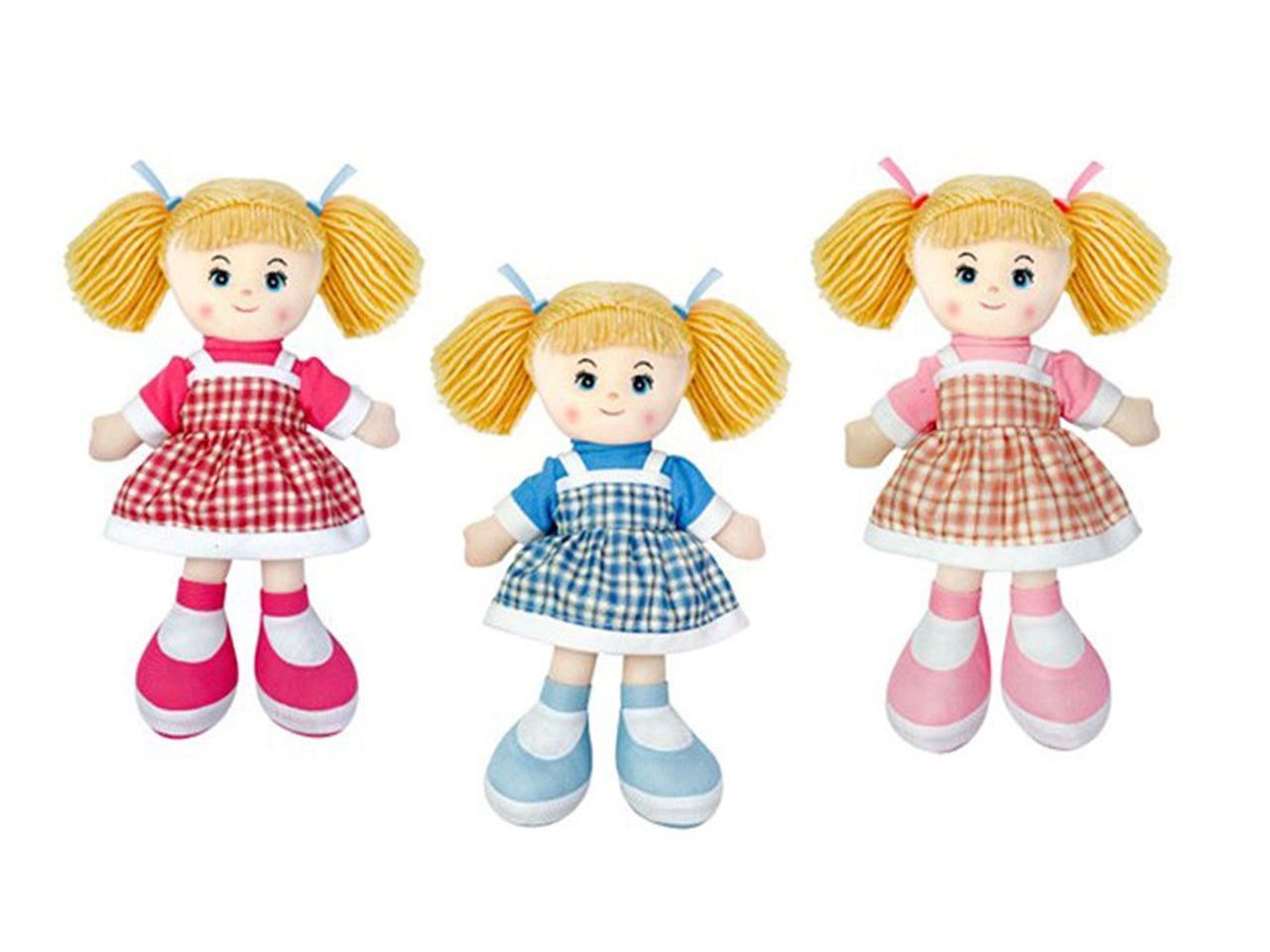 Bambola in pezza 30cm vestito quadretti in 3 colori assortiti