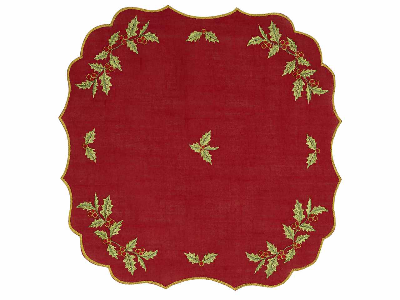 Sottopiatto stoffa rosso ricamo pungitopo cm33
