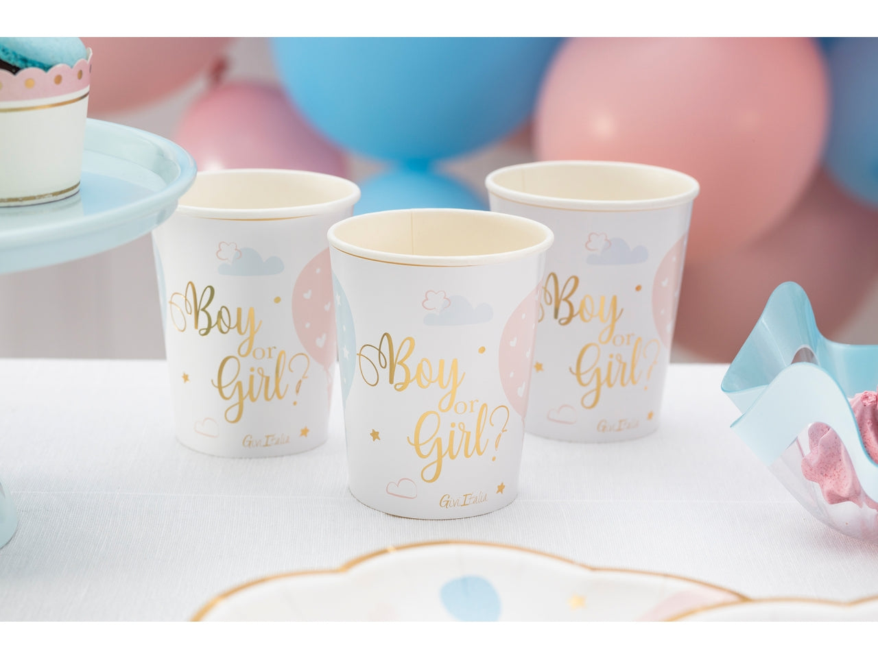 Set 8 bicchieri carta multicolor con cover da 250cc per gender reveal party, riciclabili - Givi Italia