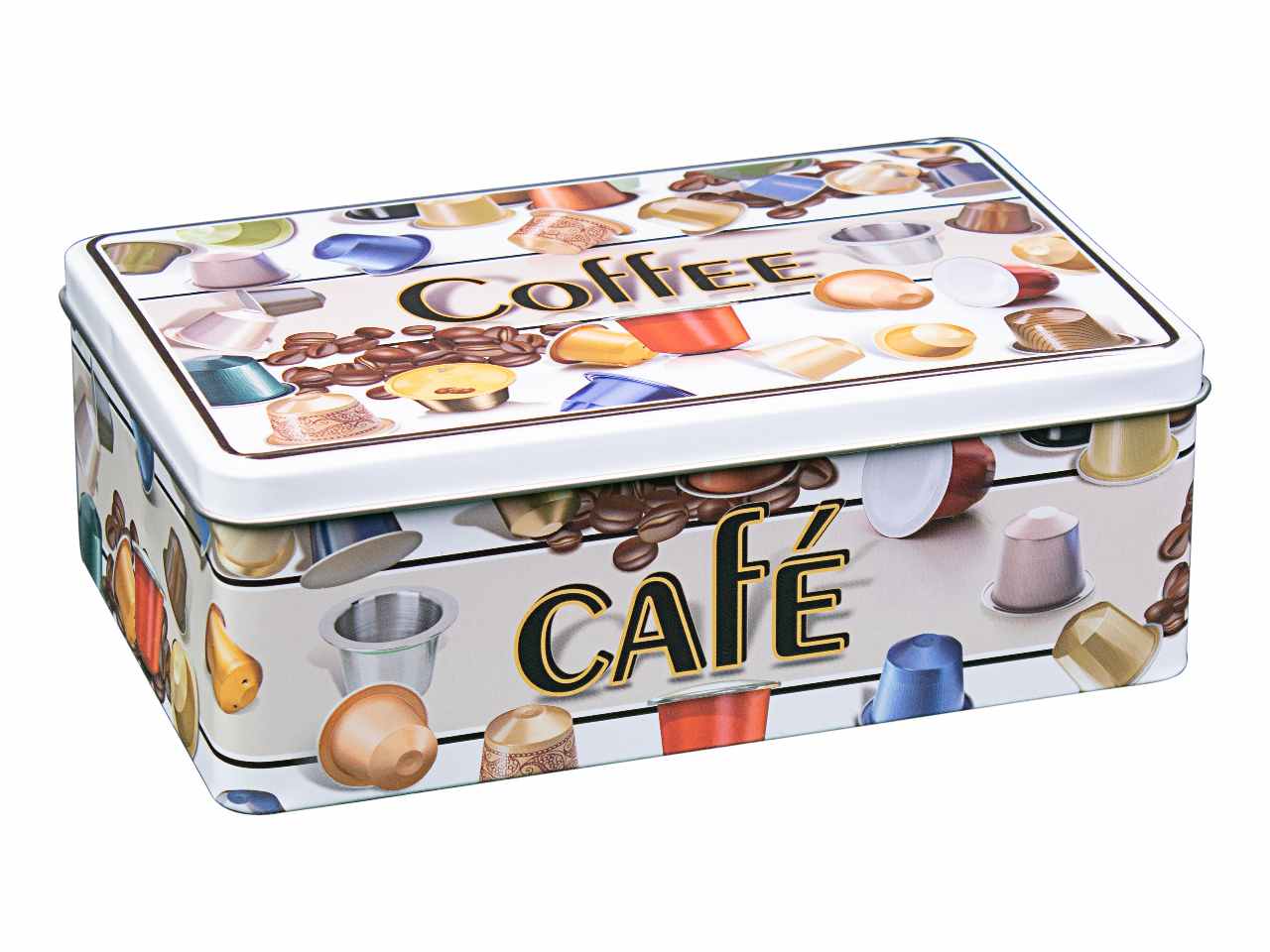 Scatola in latta rettangolare con decorazione cialde misure 20x13x7cm