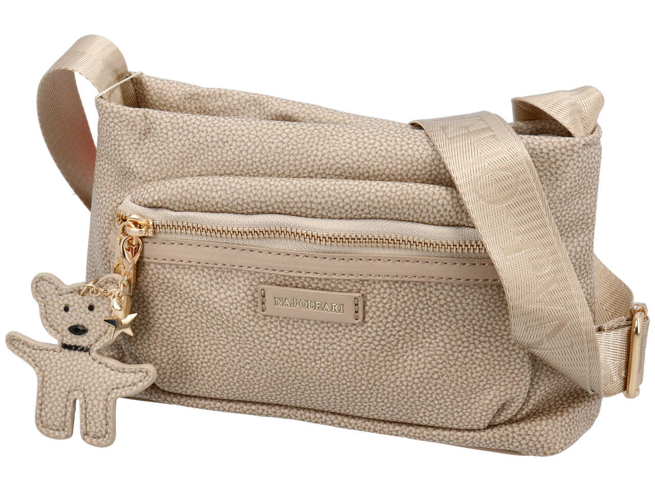 Borsa con tracolla da donna in similpelle sabbia con ciondolo orsetto,15x26x6,5 cm - Naj Oleari