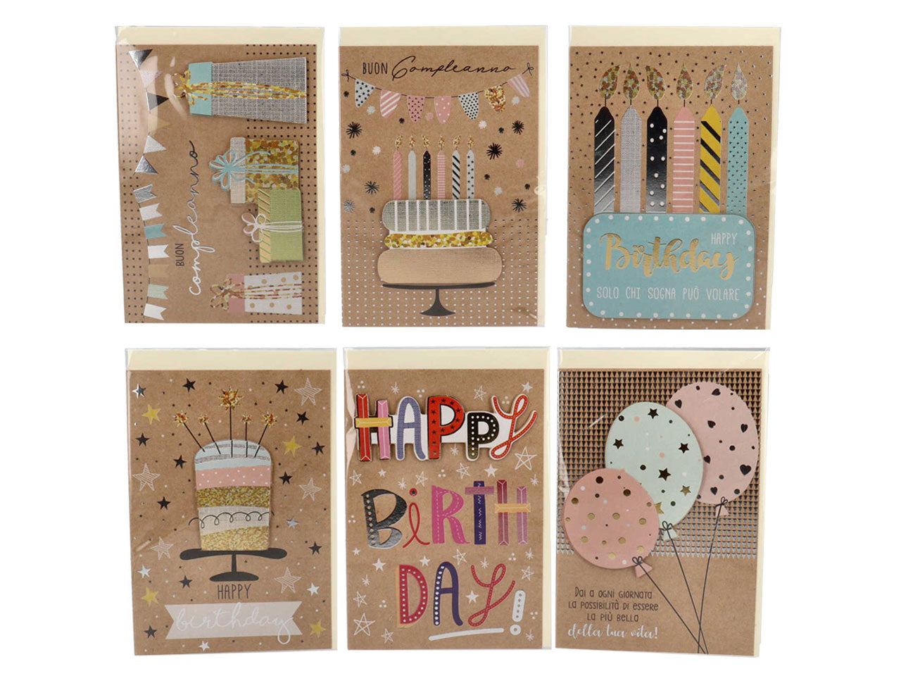 Biglietti per compleanno kraft linea cartomania greetings con fili oro olografico e applicazioni 3d misura 11,8x16,8cm