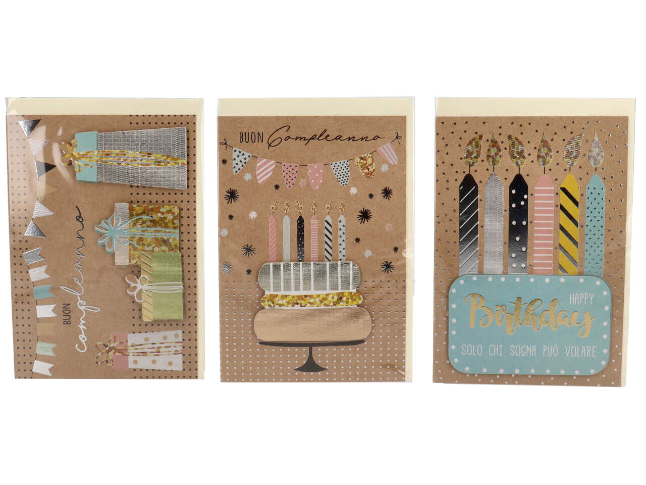 Biglietti per compleanno kraft linea cartomania greetings con fili oro olografico e applicazioni 3d misura 11,8x16,8cm