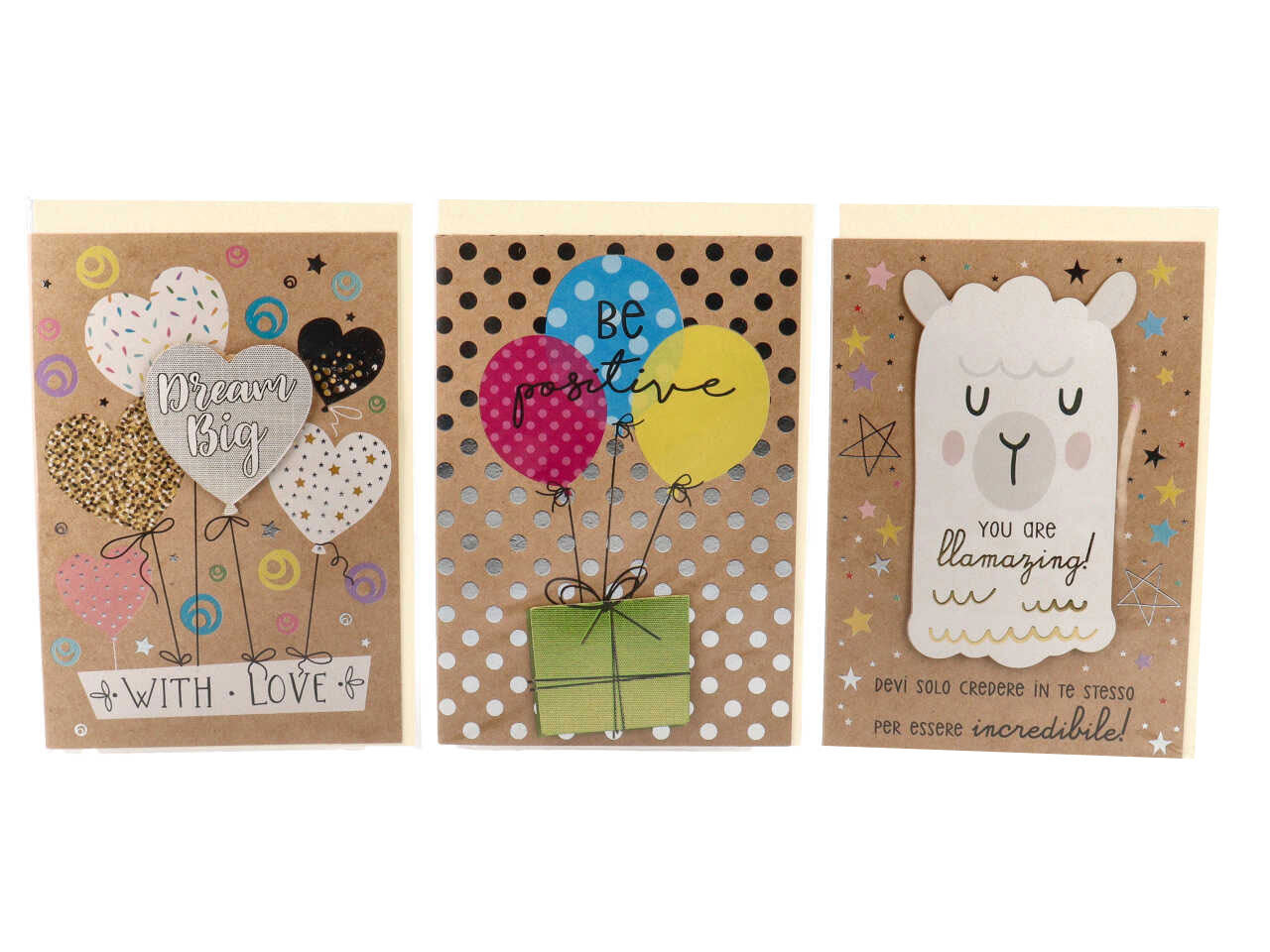 Biglietti per auguri kraft linea cartomania greetings con foil oro olografico con applicazioni 3d misura 11,8x16,13cm