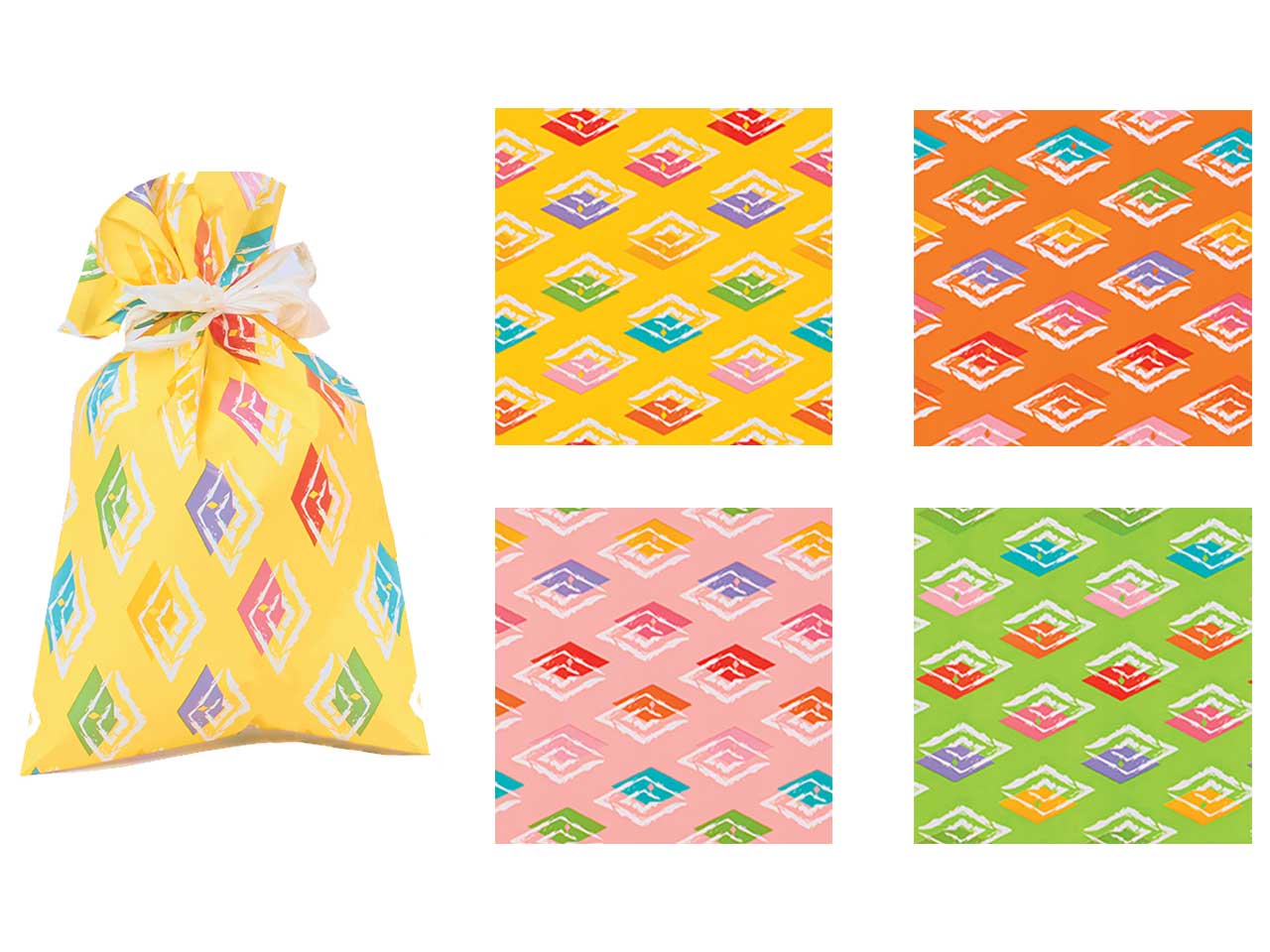Sacchetti da regalo fantasia geometrica con rombi colorati multicolor in carta plastificata, confezione da 100, in 4 colori assortiti - 20x32 cm - Piennepi