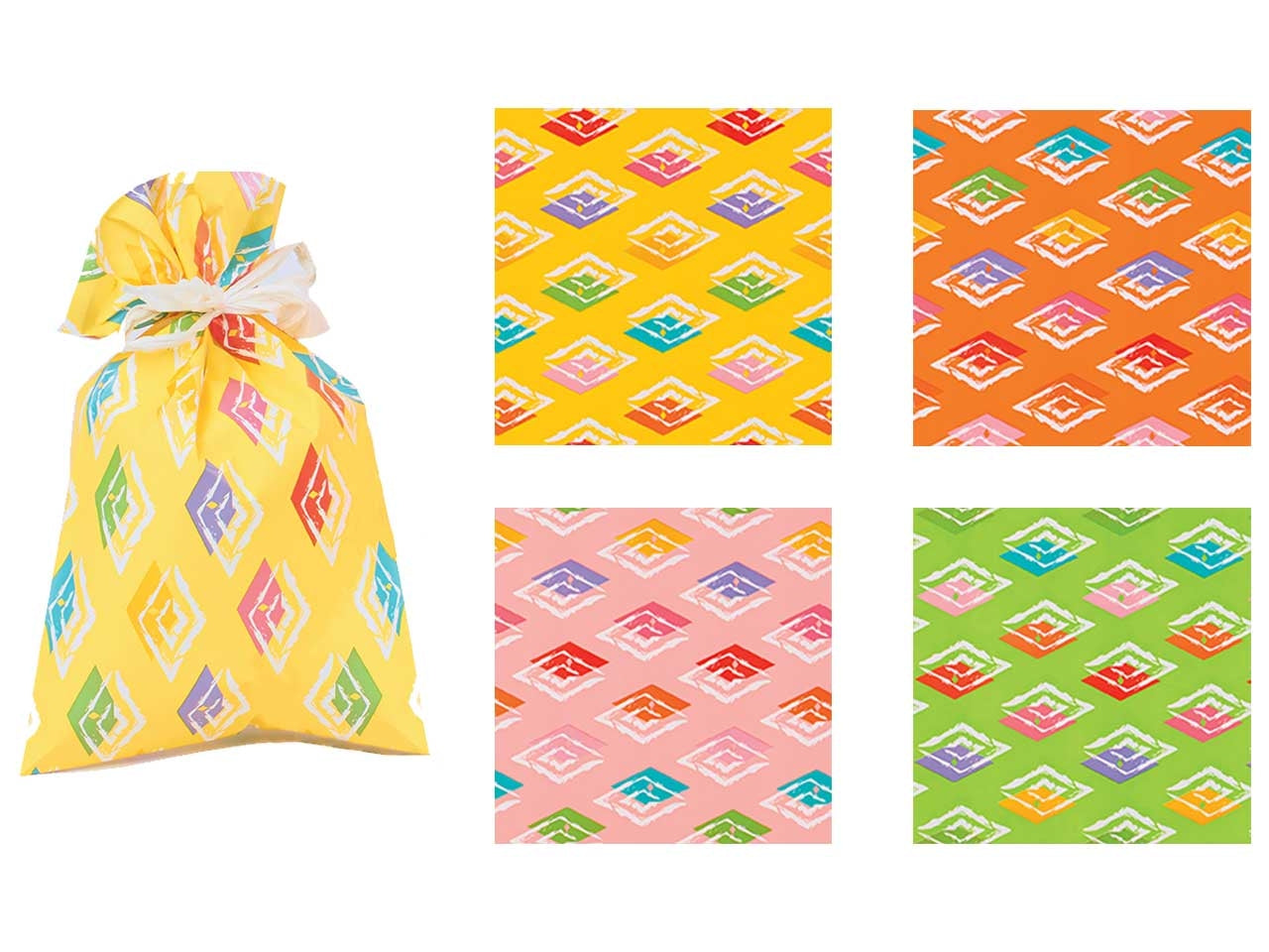 Sacchetti da regalo fantasia geometrica con rombi colorati multicolor in carta plastificata, confezione da 100, in 4 colori assortiti - 16x25 cm - Piennepi