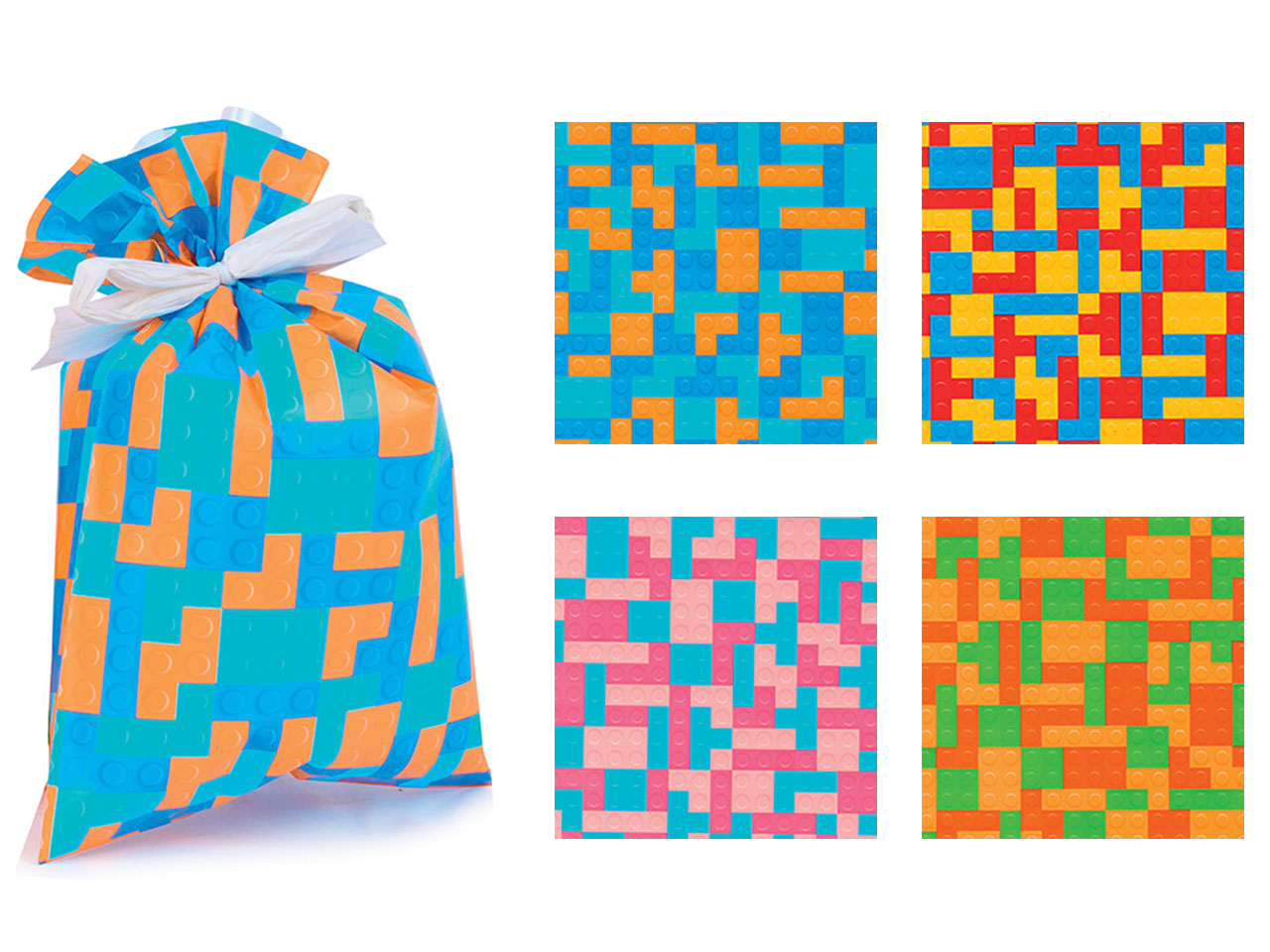 Sacchetti da regalo fantasia geometrica multicolor in carta plastificata, tema mattoncini costruzione colorati, confezione da 100, in 4 colori assortiti - 16x25 cm - Piennepi