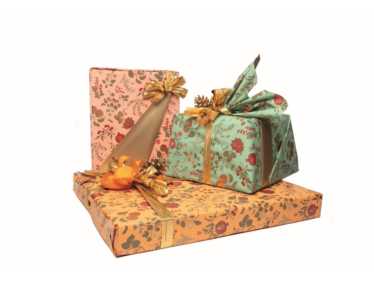 Rotolo carta da regalo floreale autunnale panna e dorata in polipropilene 40my, 1x25m - Piennepi