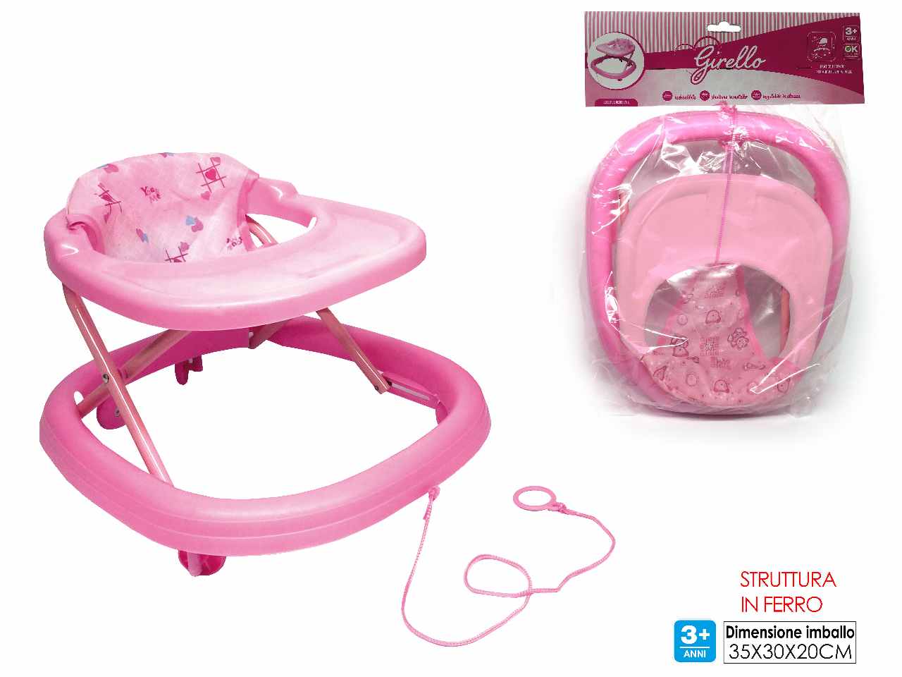 Girello richiudibile rosa in metallo in 2 assortimenti