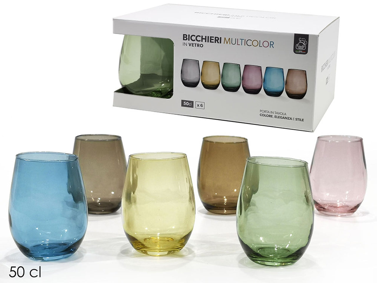 Confezione di 6 bicchieri in vetro multicolor da 50cl