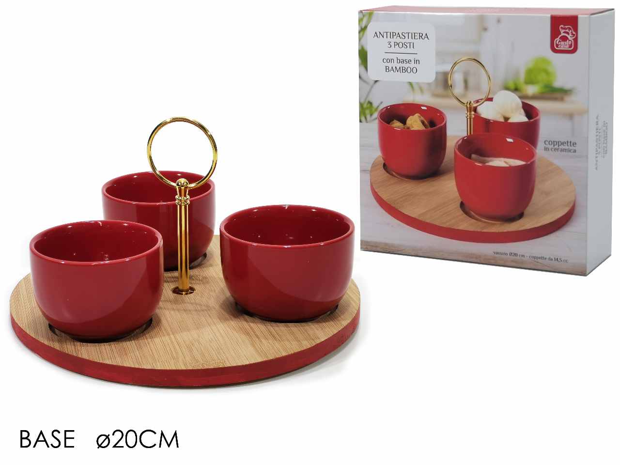 Antipastiere rosse con base bamboo 3pz