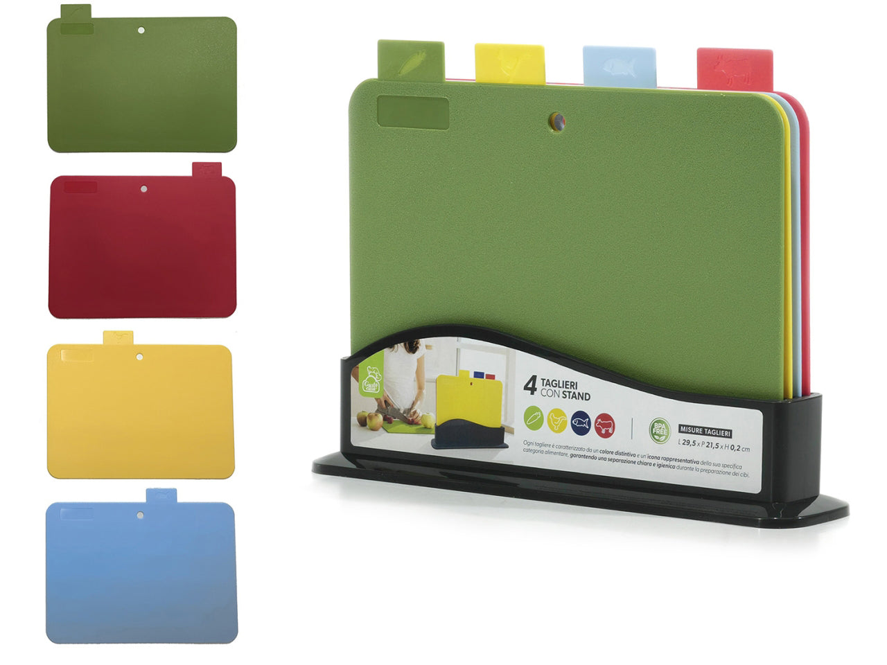 Taglieri con stand in polipropilene in 4 colori assortiti forma rettangolare 29,5x21,5 cm - Gusto Casa