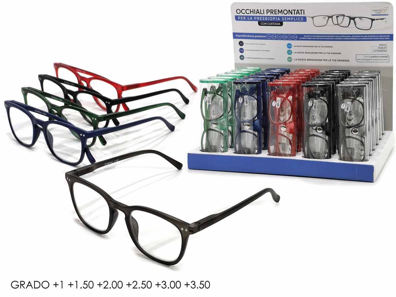 Occhiali lettura premontati con astuccio ovale colori assortiti - diottrie: + 1.00 a + 3.50