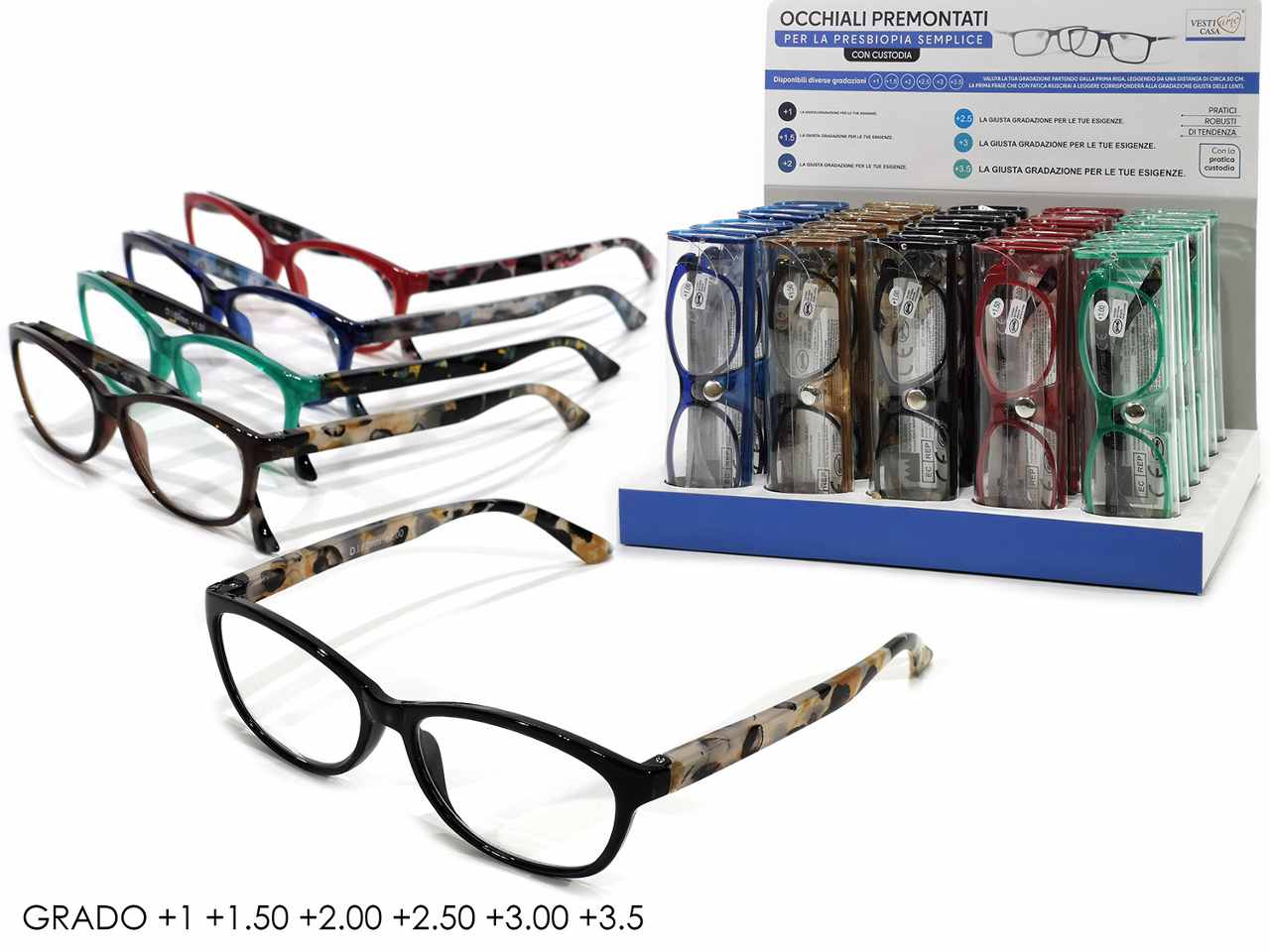 Occhiali lettura premontati con astuccio, asticelle effetto marmo - diottrie: + 1.00 a + 3.50