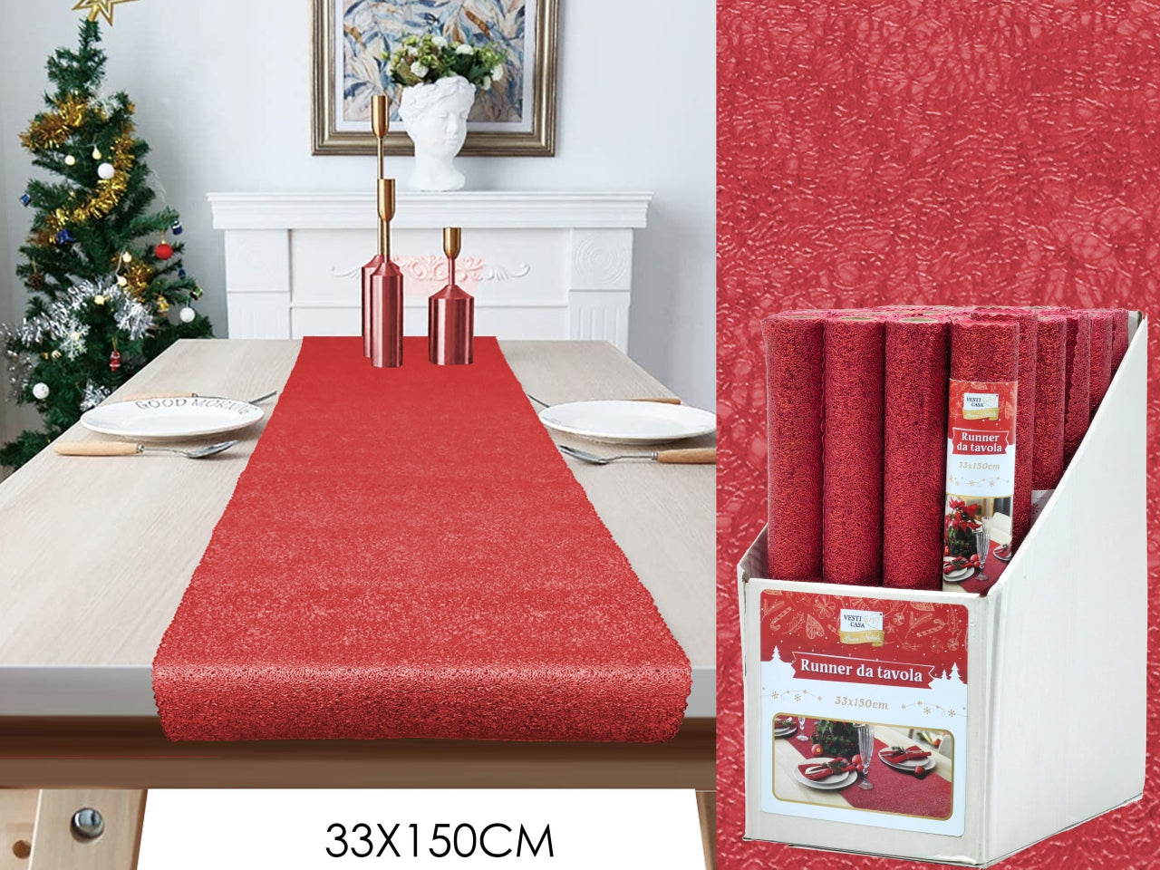 Runner natalizio pvc rosso lavorazione effetto ricamo 33x150 cm - Vestiamo Casa