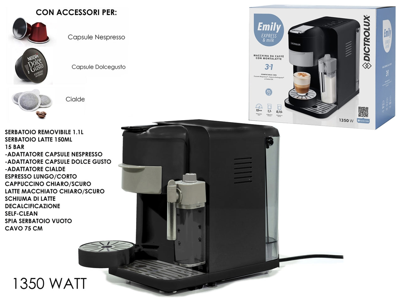 Macchina per il caffè 3in1 Emily Express&Milk nero con adattatori per capsule e cialde Dictrolux