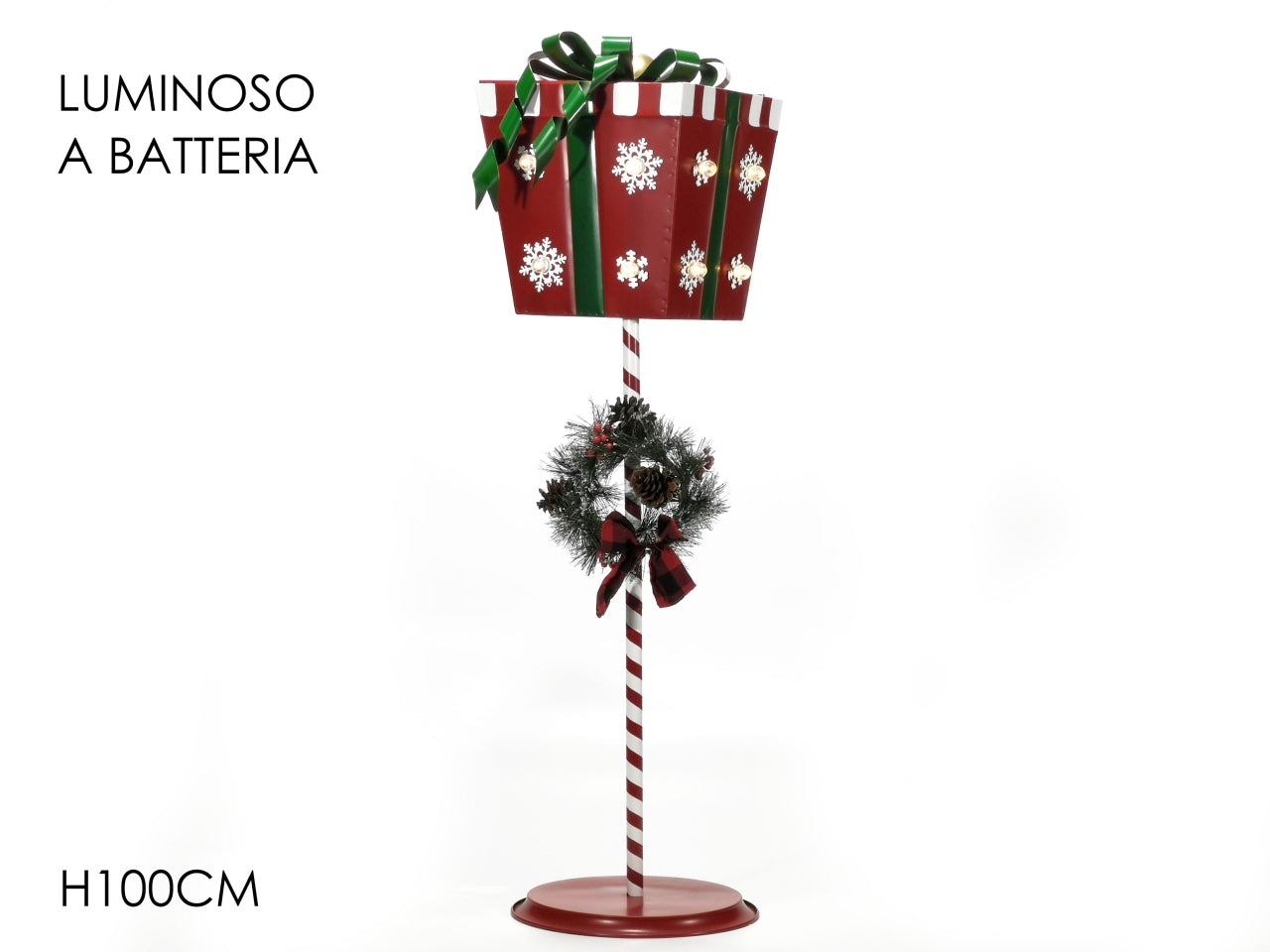 Pacco regalo natalizio decorativo luminoso su stand in latta a batteria rosso e verde 100 cm - Vestiamo Casa