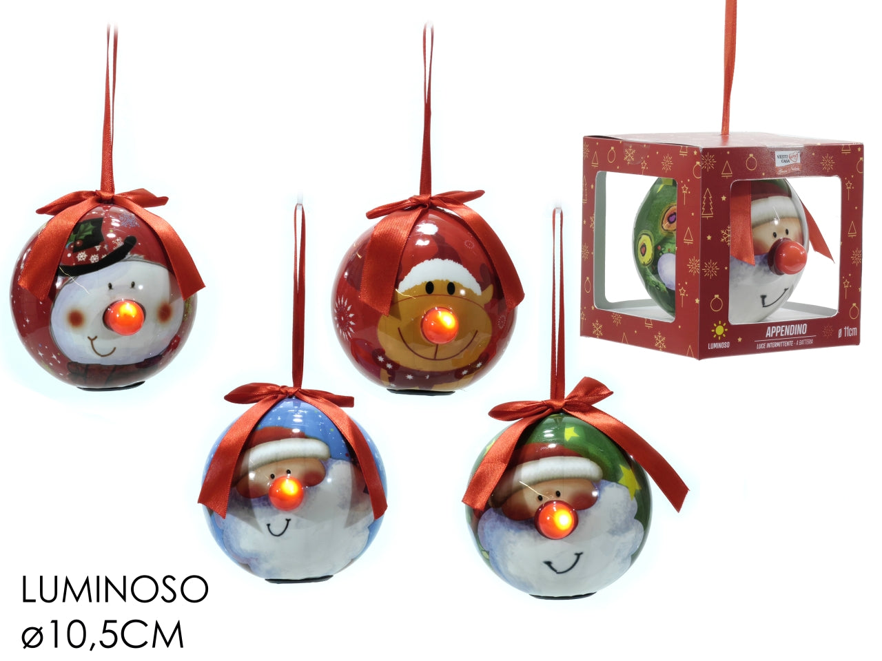 Palla natalizia 11 cm luminosa multicolor in 4 soggetti assortiti - Vestiamo Casa