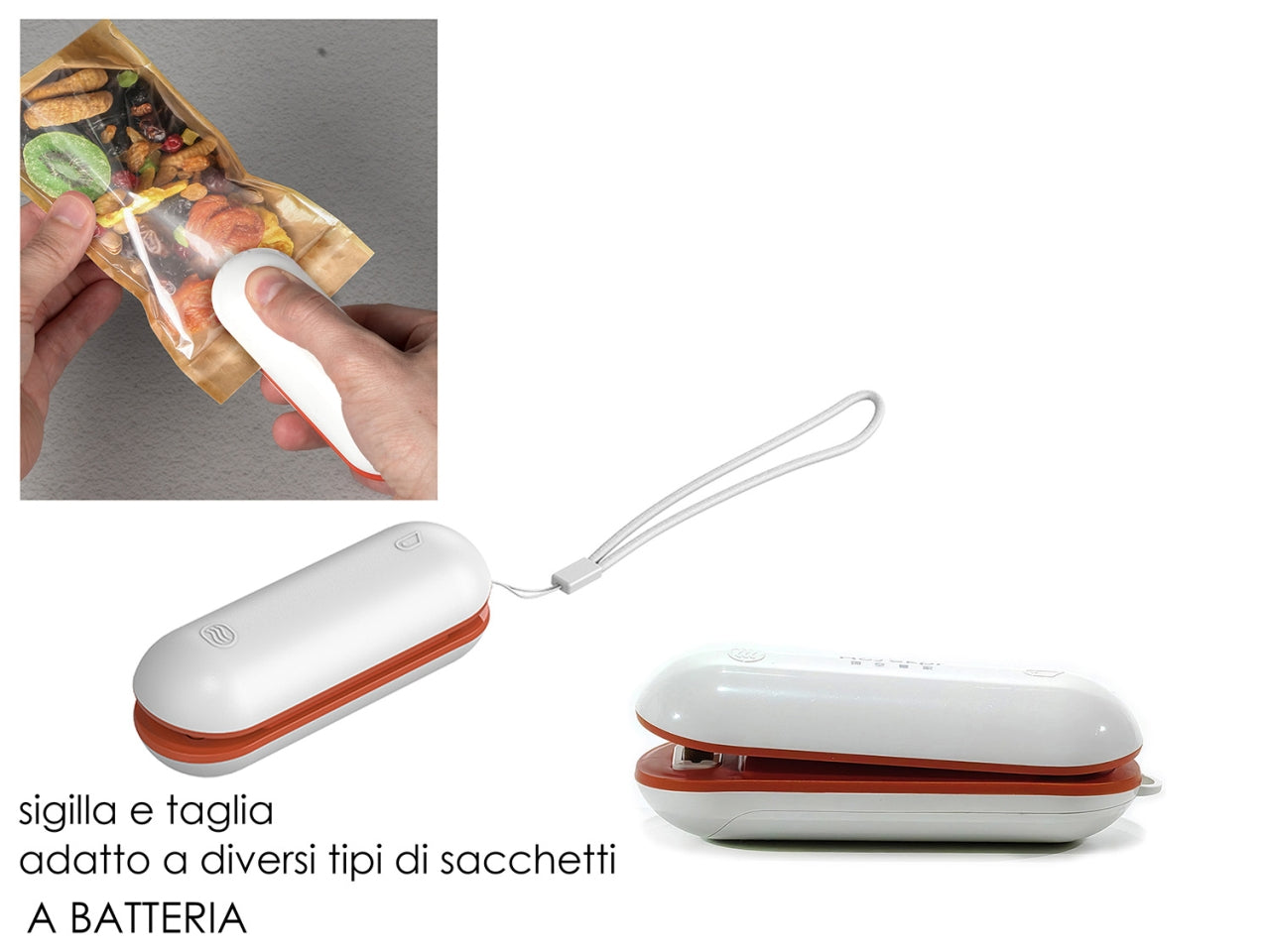 Sigilla sacchetti pocketsealer, bianco e arancione in plastica - 11x4x4 cm - Dictrolux