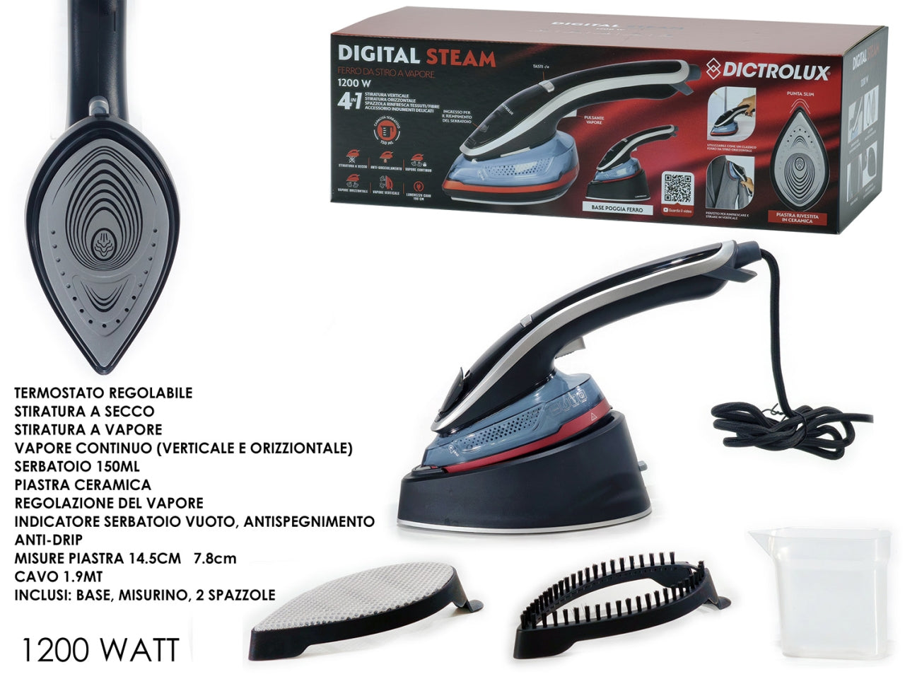 Ferro da stiro a vapore Digital Steam 4in1 in ceramica, 1200 watt - Dictrolux