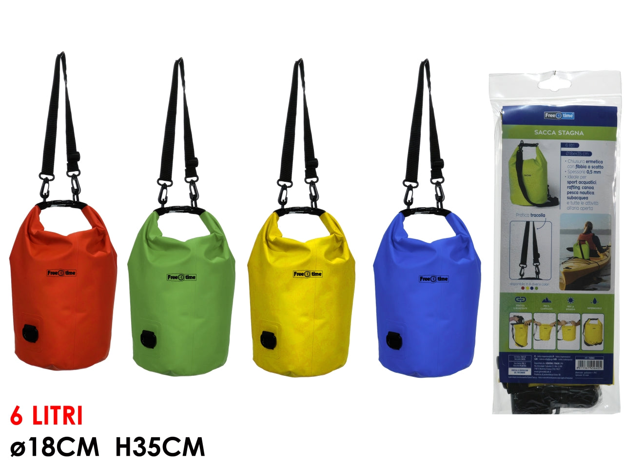 Sacca impermeabile stagna in pvc 4 colori assortiti, chiusura ermetica con fibbia a scatto e tracolla da 6 l, 18x35 cm - Free Time