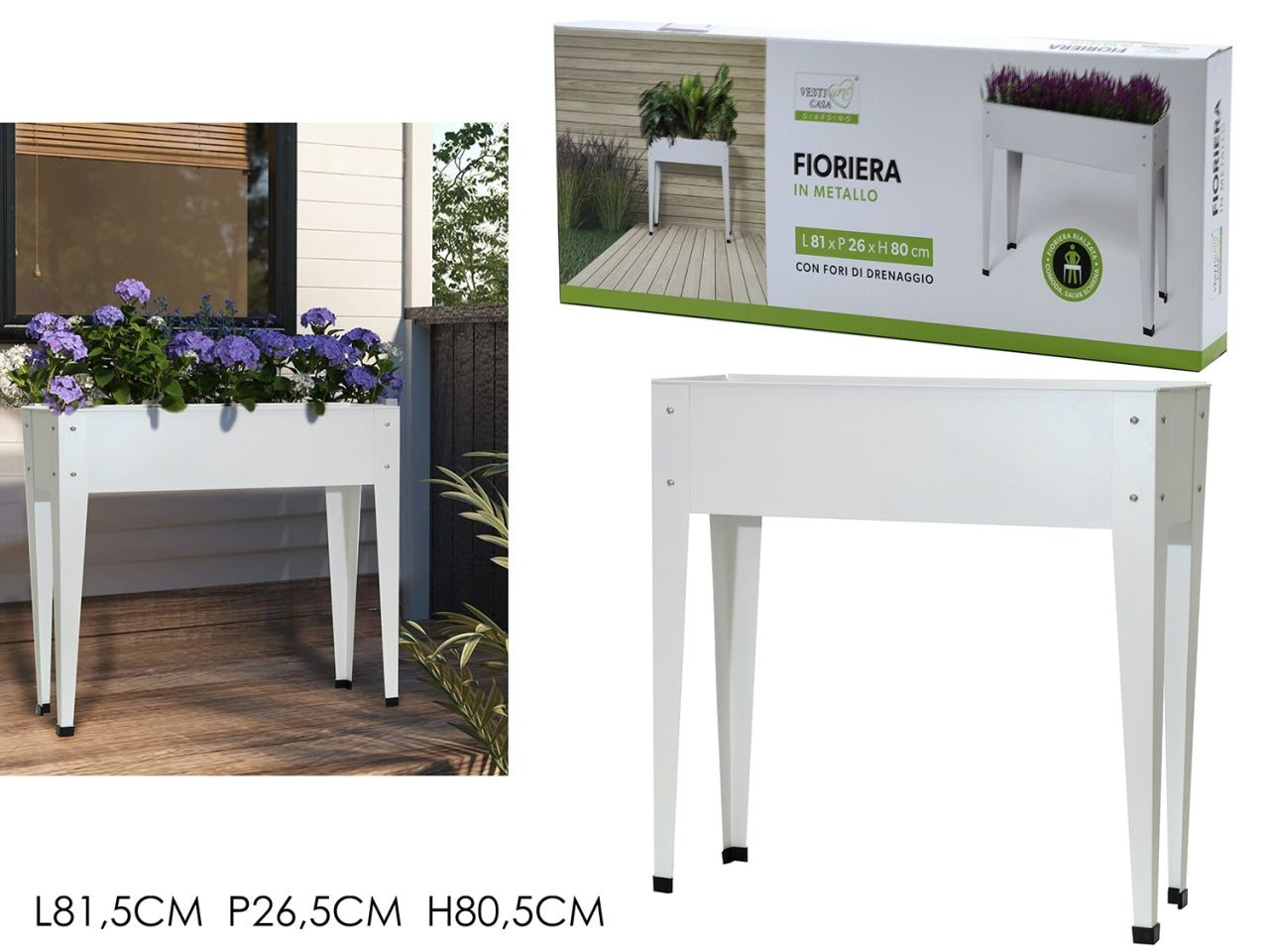 Fioriera rialzata rettangolare bianco in metallo design moderno h.80 cm- Vestiamo Casa