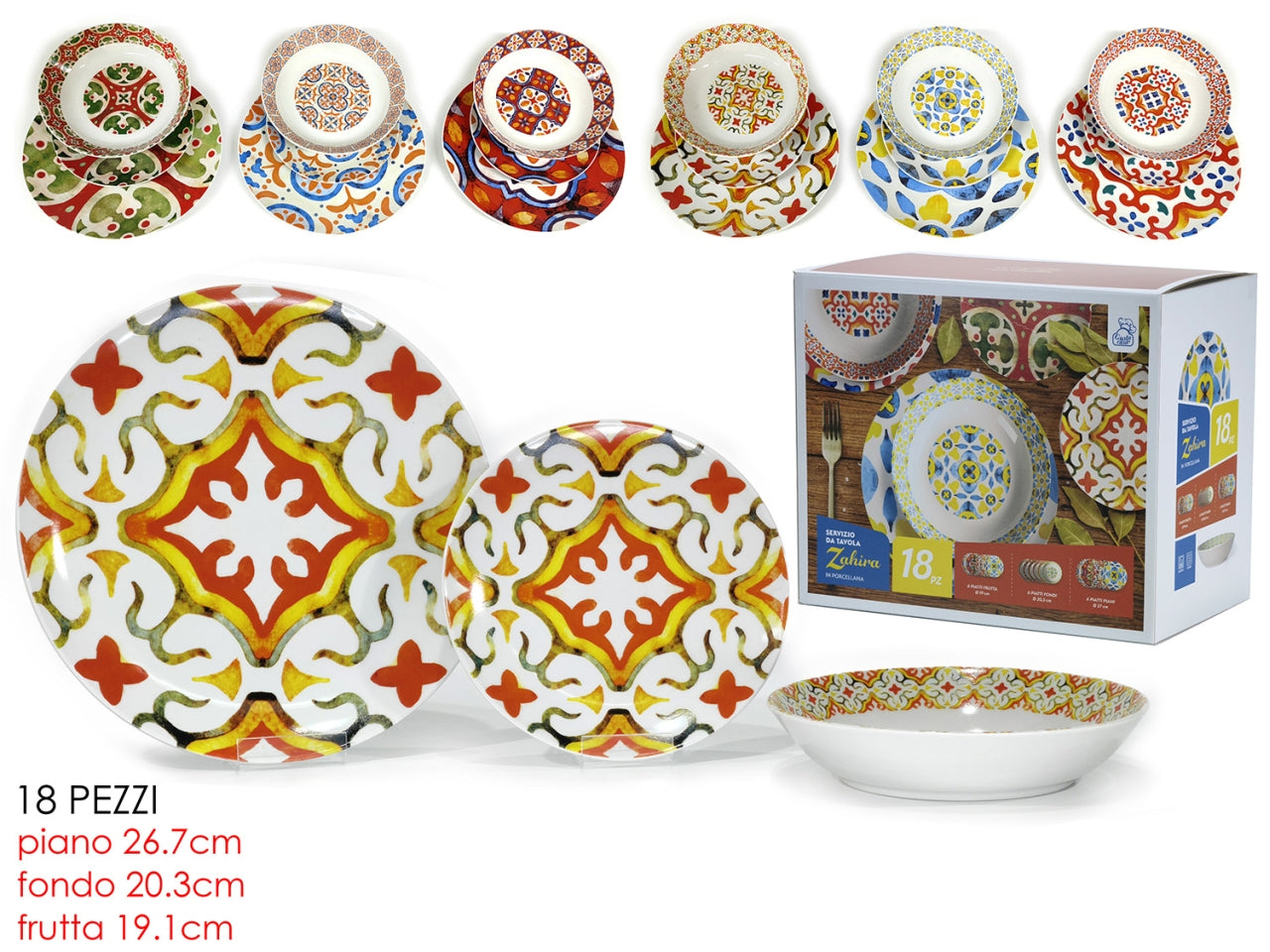 Servizio tavola da 6 portate in porcellana multicolor stile mediterraneo, linea Zahira - Gusto Casa