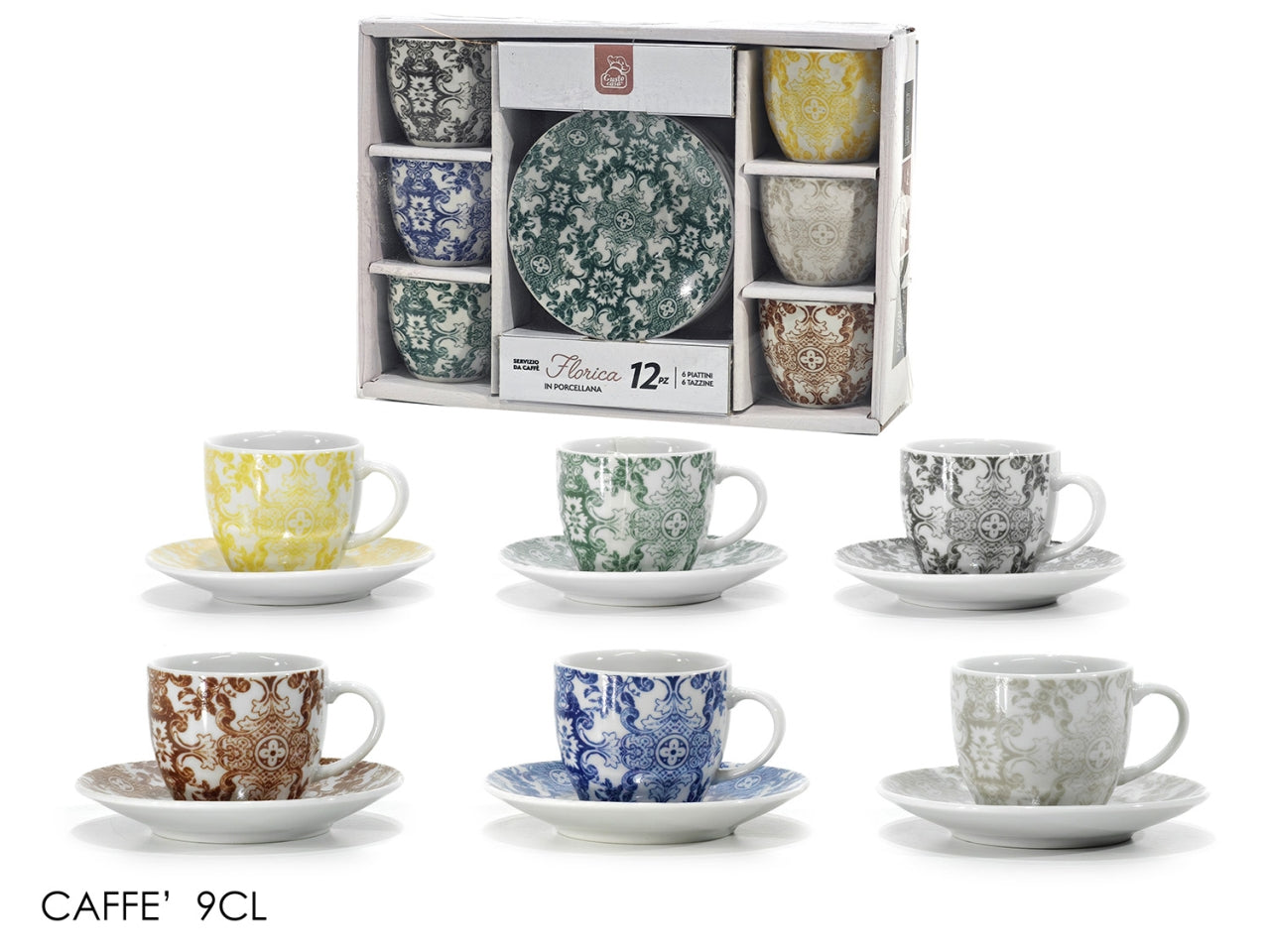 Tazzina caffe' florica 9cl 6 pezzi con 6 piattini in porcellana
