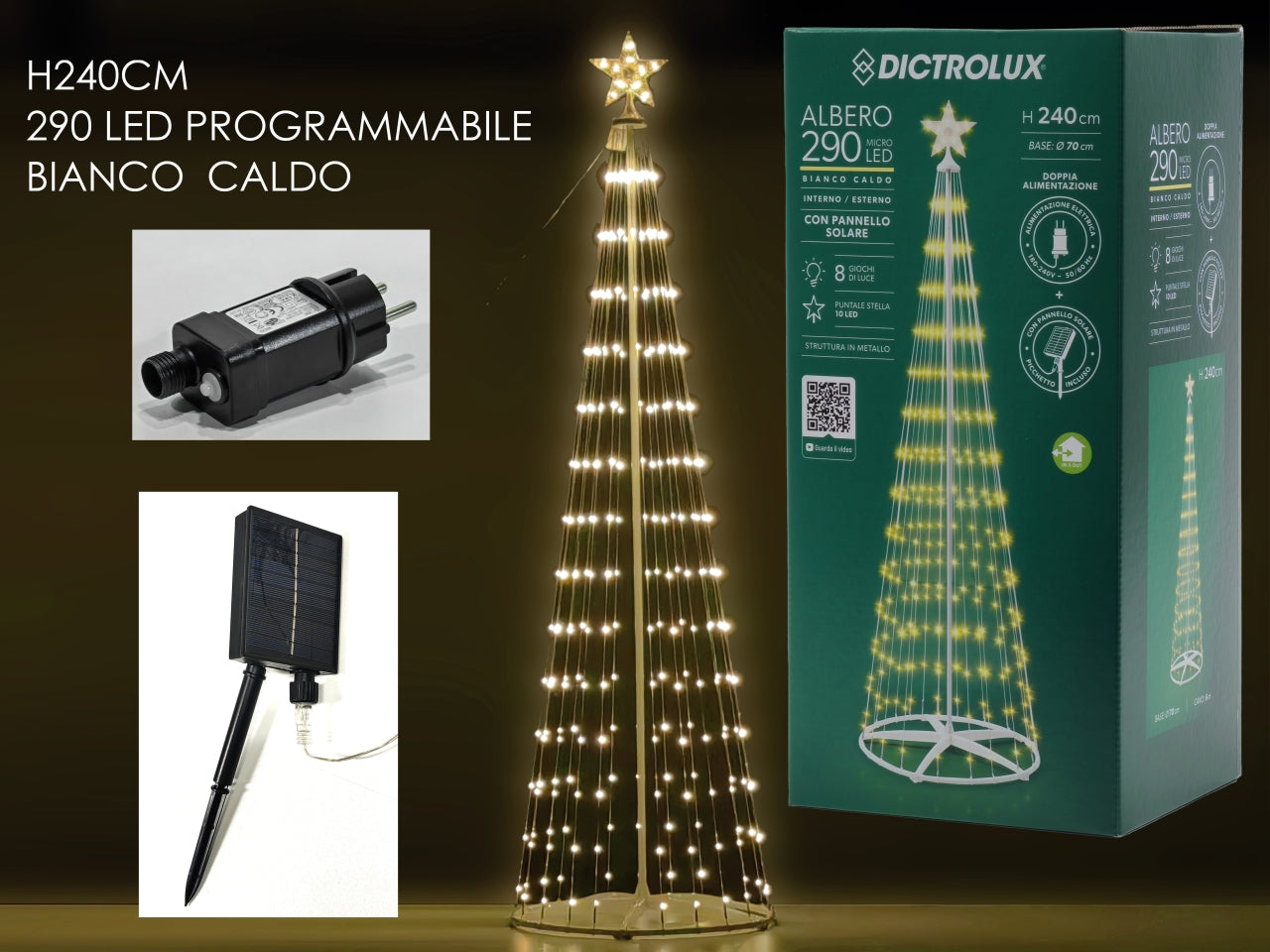 Albero di natale luminoso 290 led bianco caldo uso interno/esterno 240 cm - Dictrolux