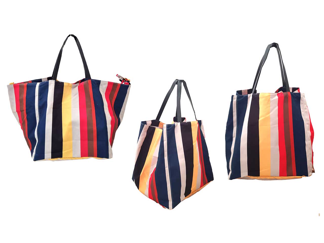 Borsa shopping over di tessuto multicolor a righe e manici in ecopelle 60x32x32cm