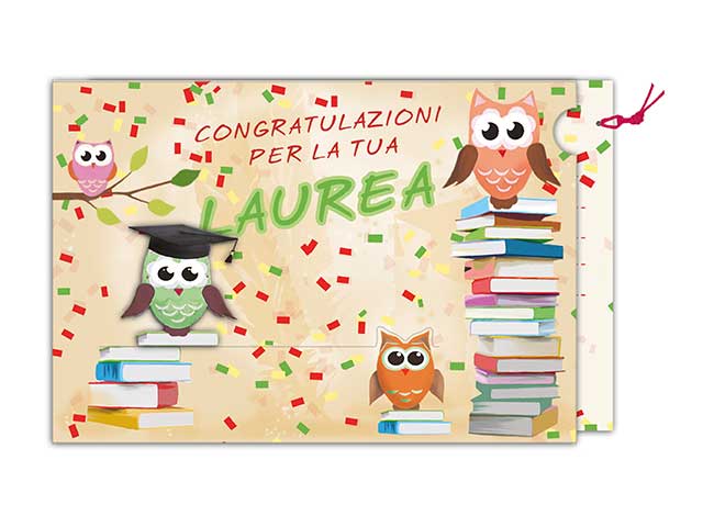 Biglietto auguri laurea con disegni gufi porta soldi multicolor