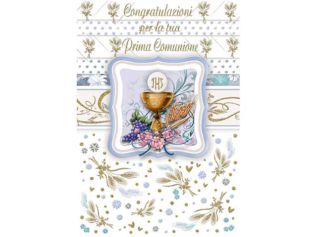 Biglietto auguri prima comunione con porta soldi multicolor misura 12x18cm