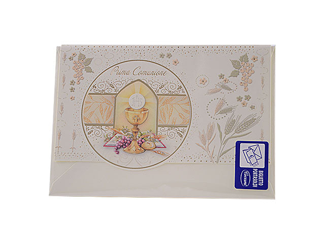 Biglietto auguri prima comunione con porta soldi multicolor misura 12x18cm