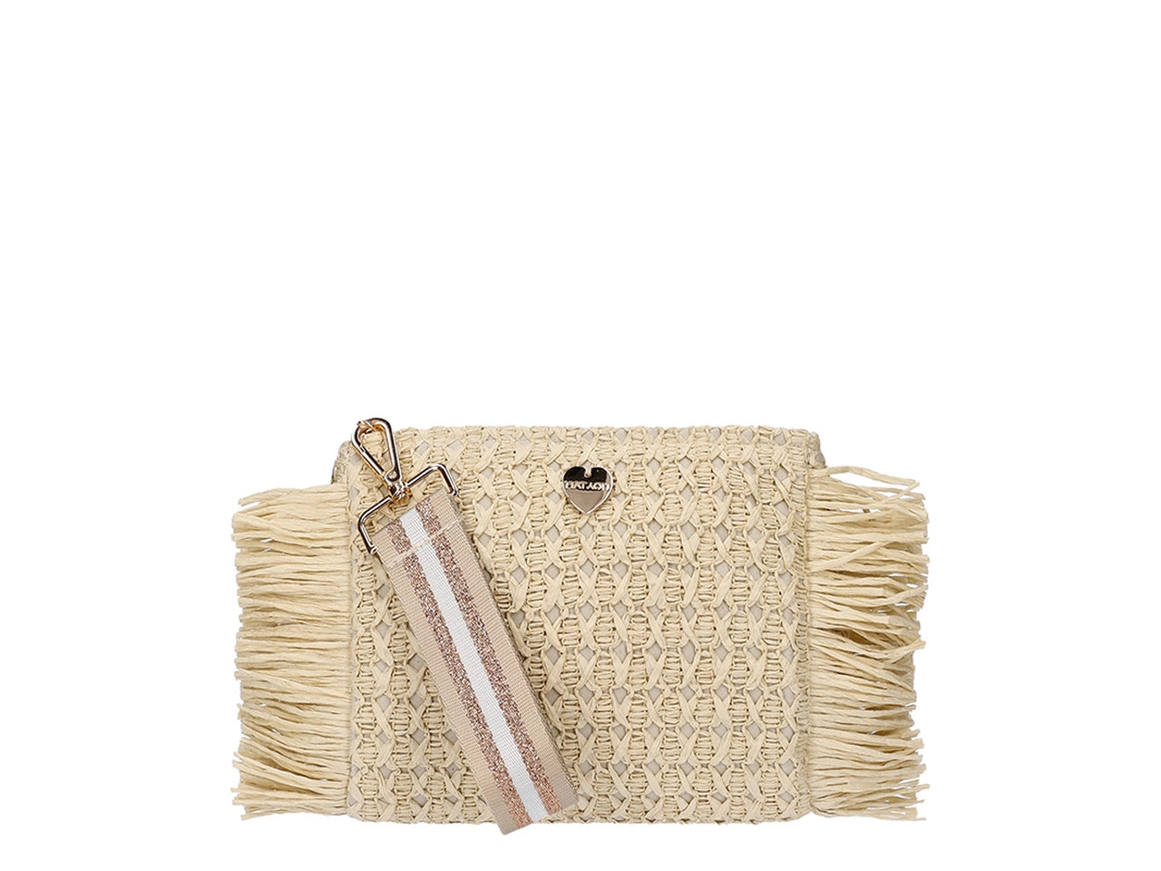 Borsa pochette in carta tessile naturale con frange con zip e polsiera amovibile 20x15x5 cm - Hat You