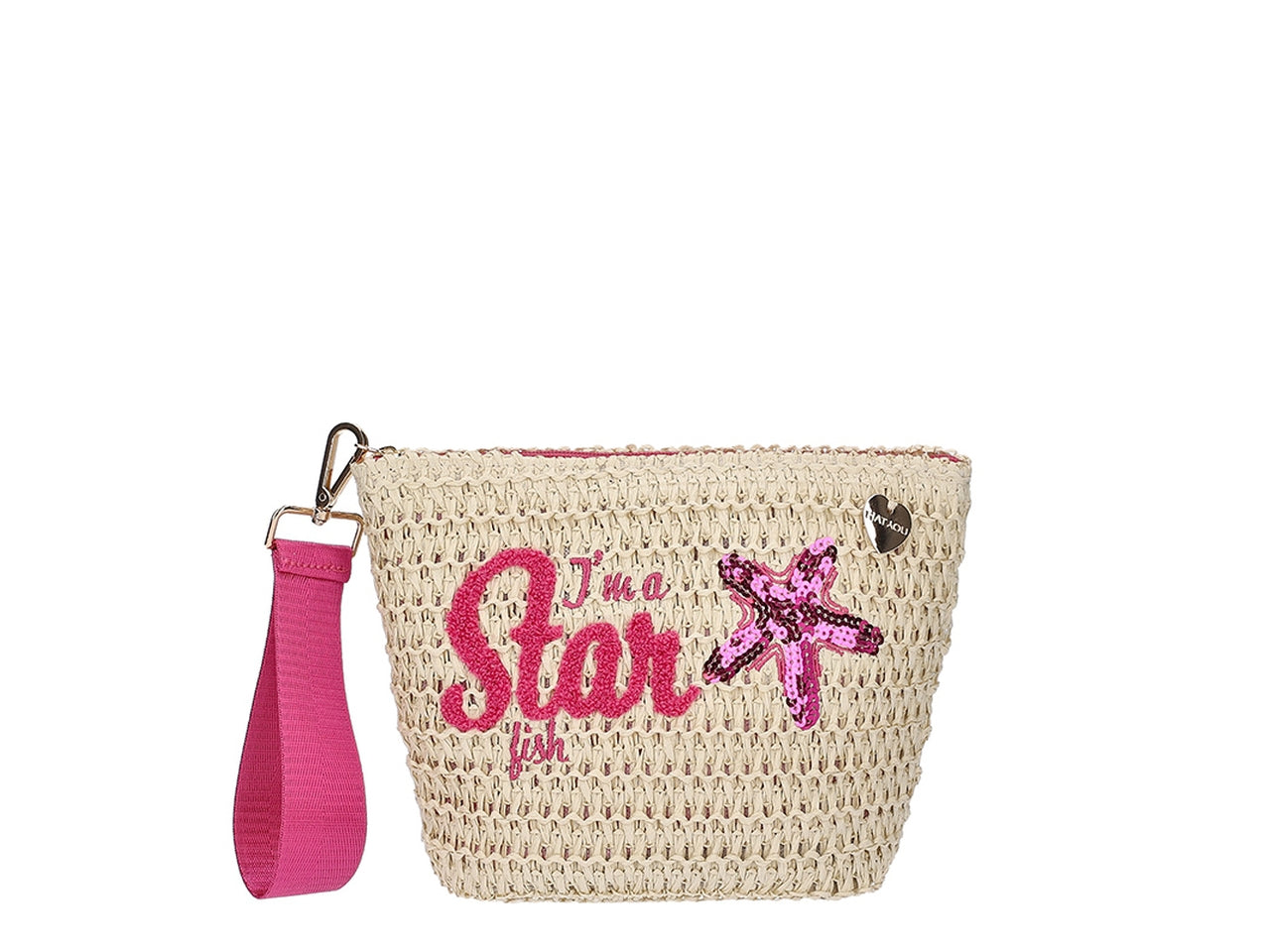 Borsa pochette in carta tessile naturale e fucsia con zip con polsiera amovibile 27x18x8 cm - Hat You