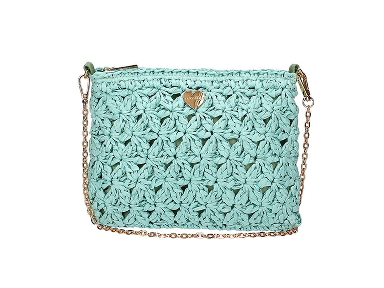 Pochette in carta intrecciata a fiori con tracolla e catena 22x17cm celeste