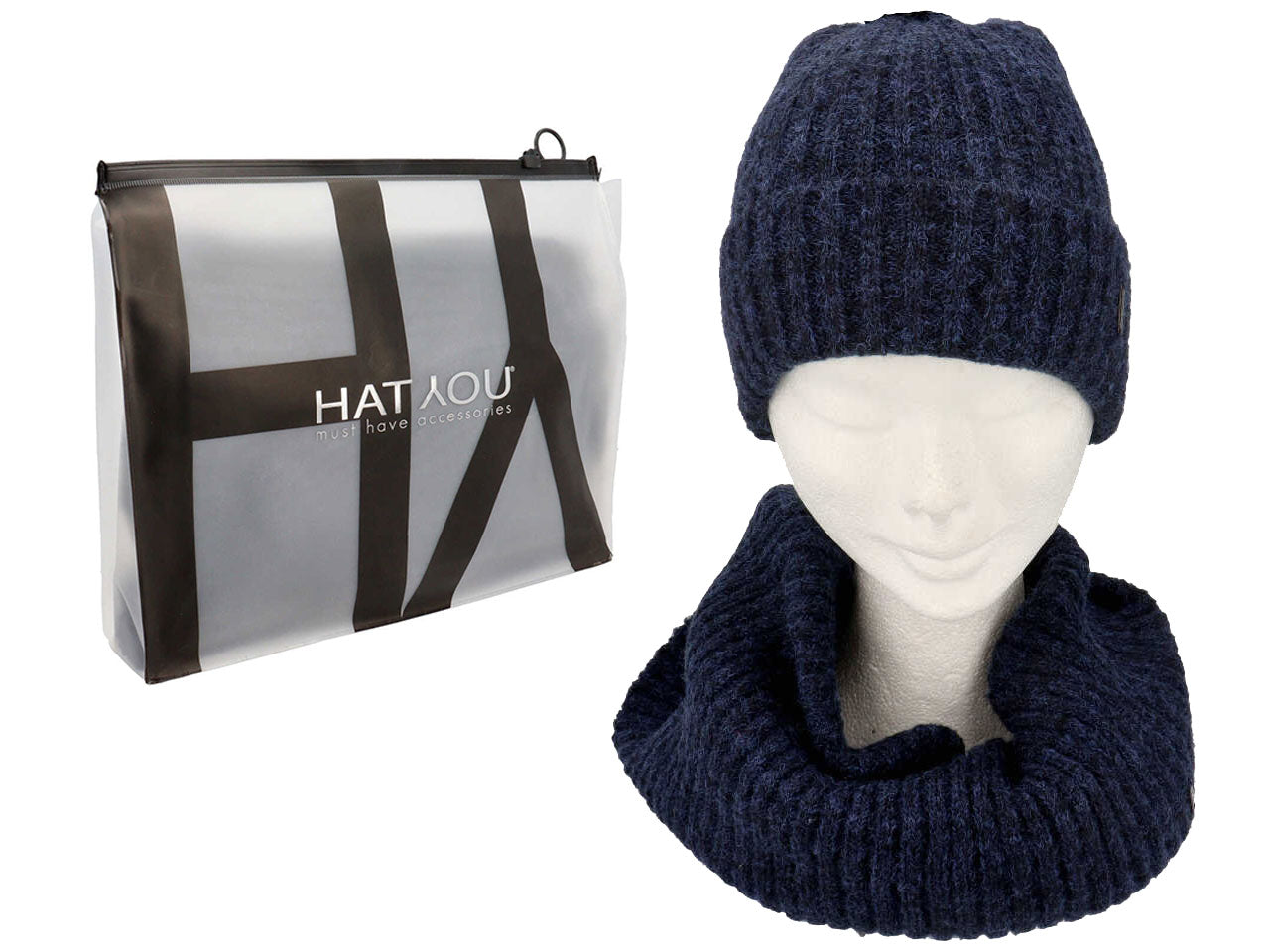 Set busta regalo cuffia collo doppio in maglina a coste colore blu