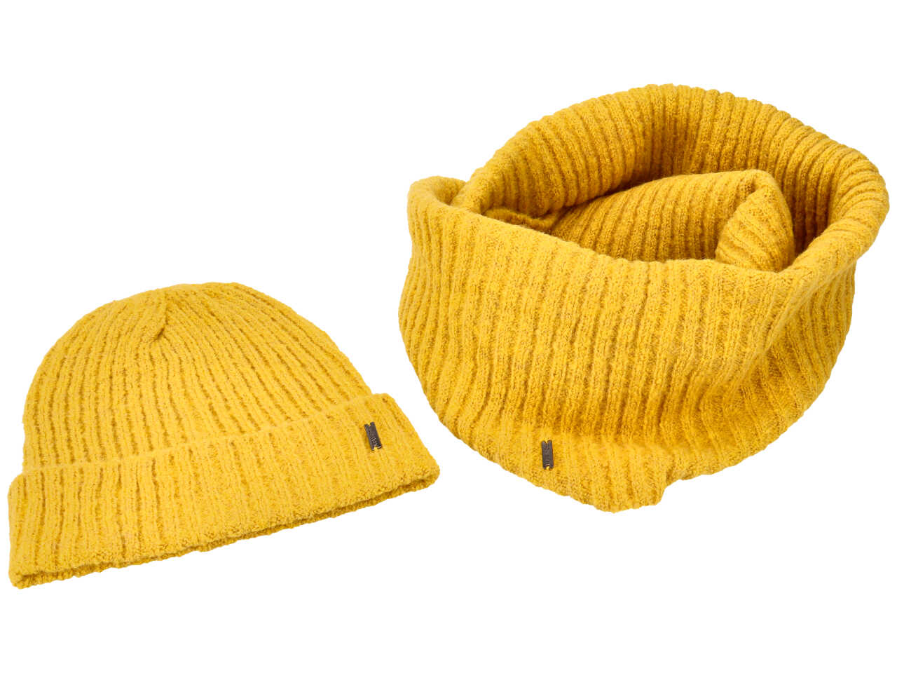 Set busta regalo cuffia collo doppio in maglina a coste colore senape