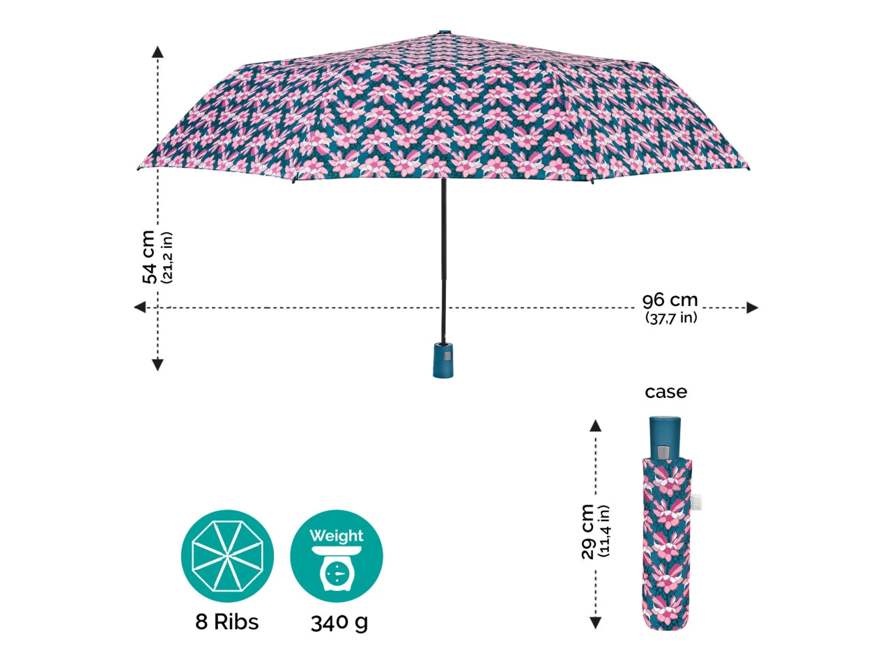 Ombrello da donna mini con apertura automatica in 3 colori assortiti a fantasia floreale - Perletti