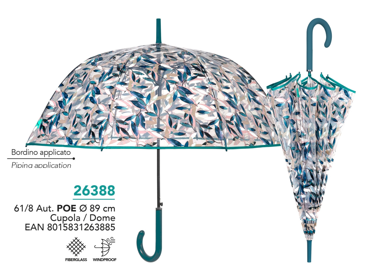 Ombrello da donna con apertura automatica verde petrolio e cipria in poe trasparente e fibra di vetro a fantasia floreale - Perletti