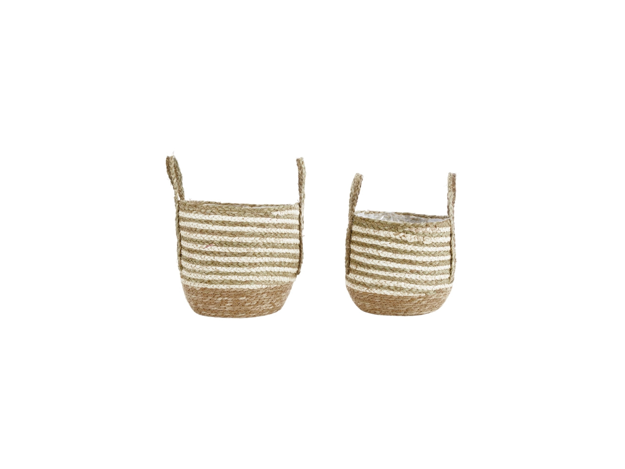 Set da 2 Ceste porta piante in paglia intrecciata con manici, stile boho, rivestimento interno in plastica idrorepellente - grande 37x28cm piccolo 32x24cm - Koopman