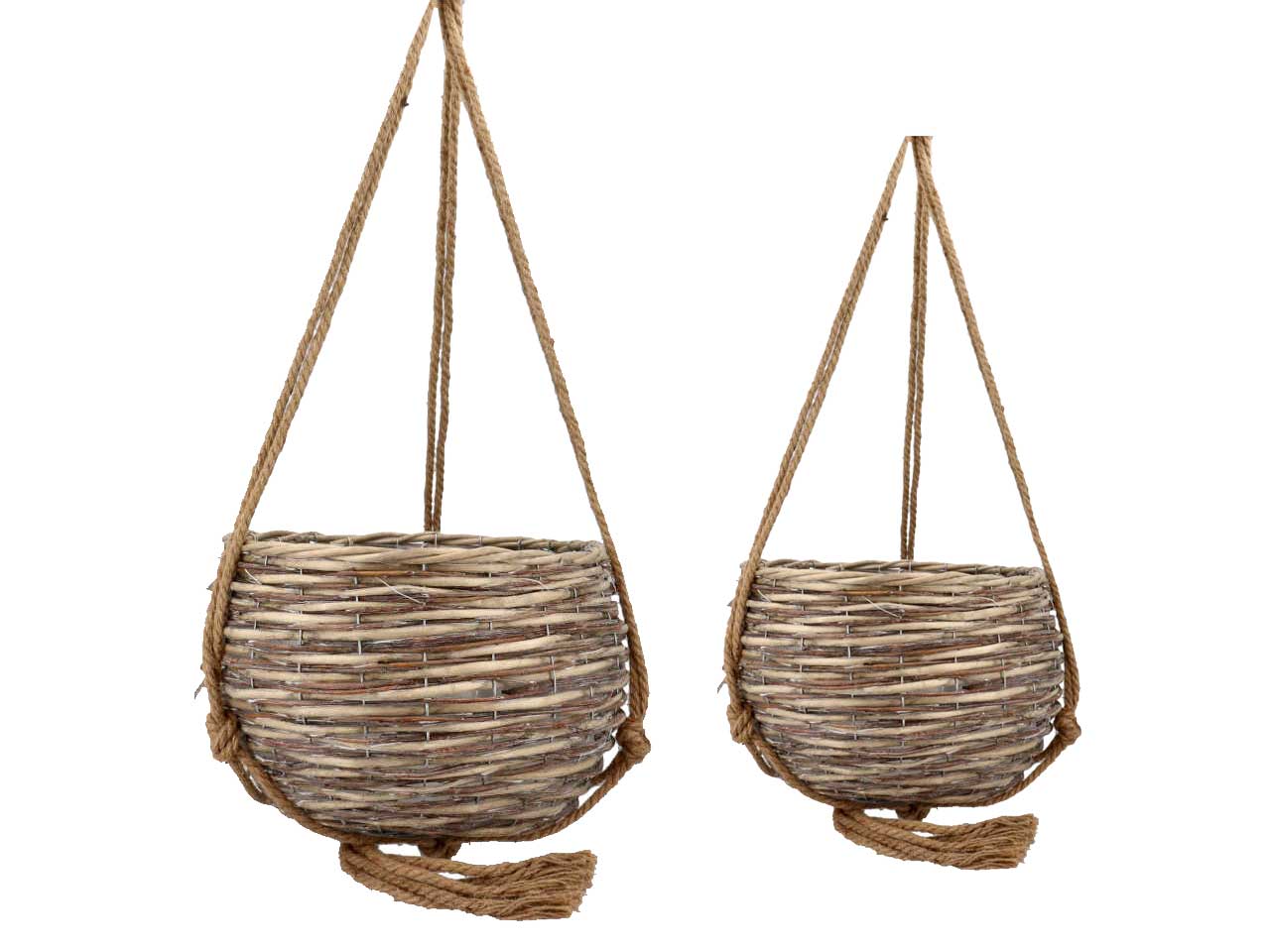 Set da 2 Portavasi per piante a sospensione boho in vimini, bicolor, interno rivestito in plastica - grande 35x25cm piccolo 26x19cm - Koopman