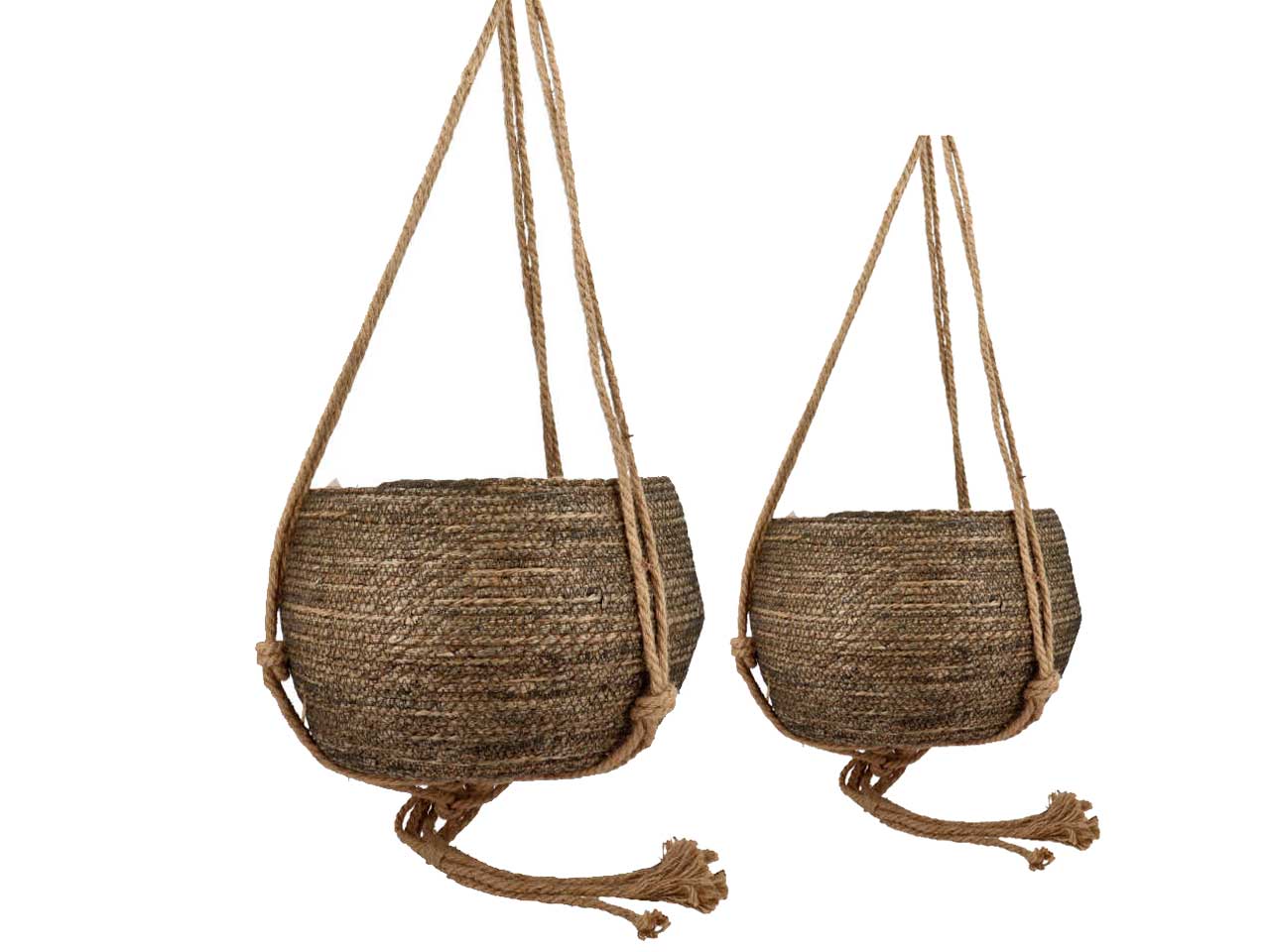 Set da 2 Portavasi per piante a sospensione in paglia intrecciata, stile etnico, interno rivestito in plastica - grande 35x25cm piccolo 26x19cm - Koopman