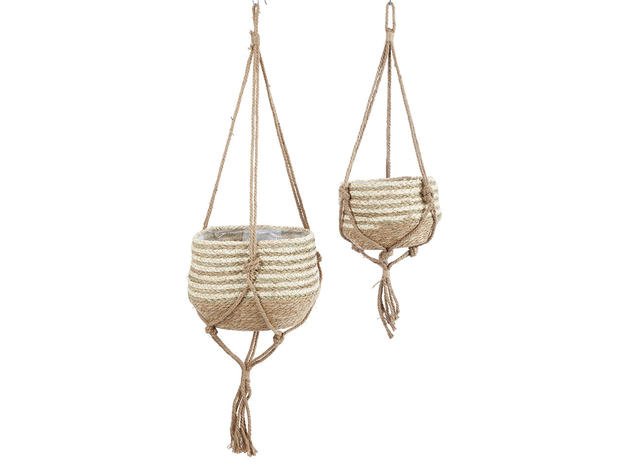 Set da 2 Portavasi per piante a sospensione boho in rattan, bicolor, interno rivestito in plastica - grande 34x25cm piccolo 27x18cm - Arpimex