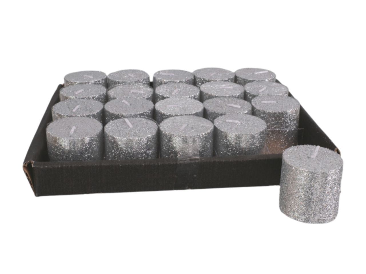 Candela cilindro cm.4x4 argento glitter