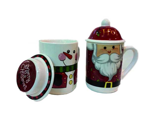 Tazza ceramica 9xh.13,5cm con coperchio in 2 decori babbo/omino