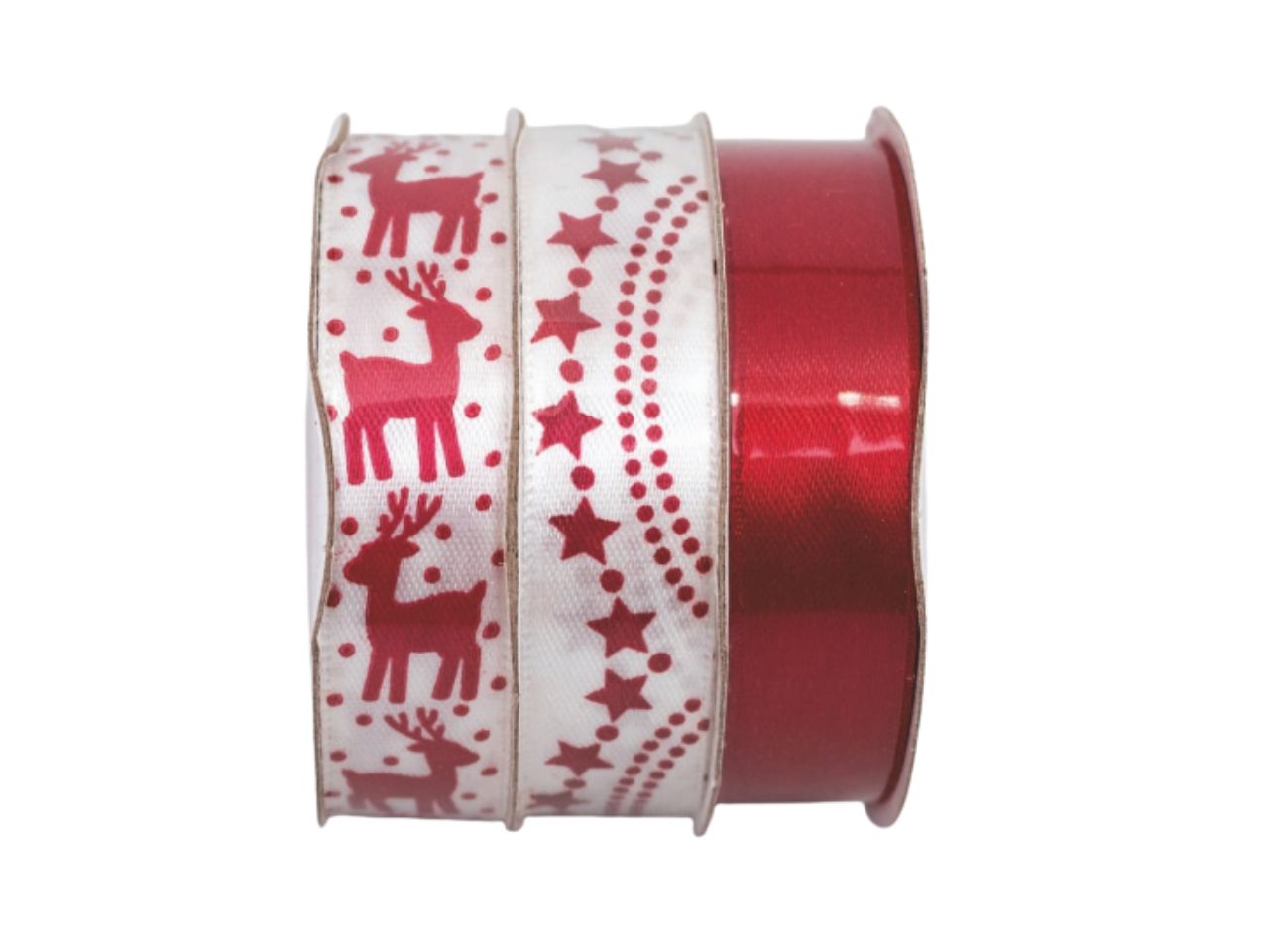 Nastrini 3 pezzi mm.15xmt.1,5 rosso con decori stelle/renne